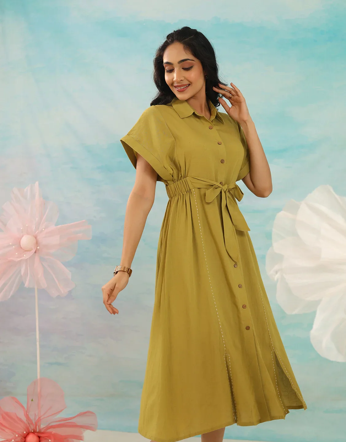 ELEANOR SOLID GREEN MIDI DRESS - Image 4