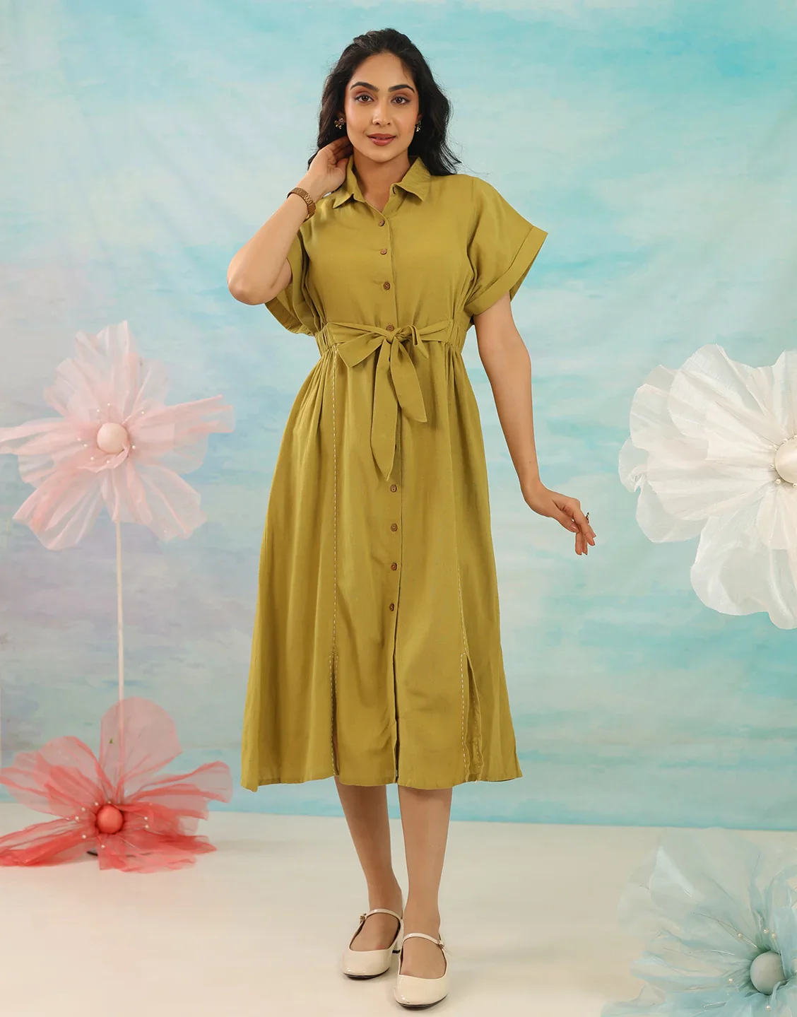 ELEANOR SOLID GREEN MIDI DRESS - Image 8