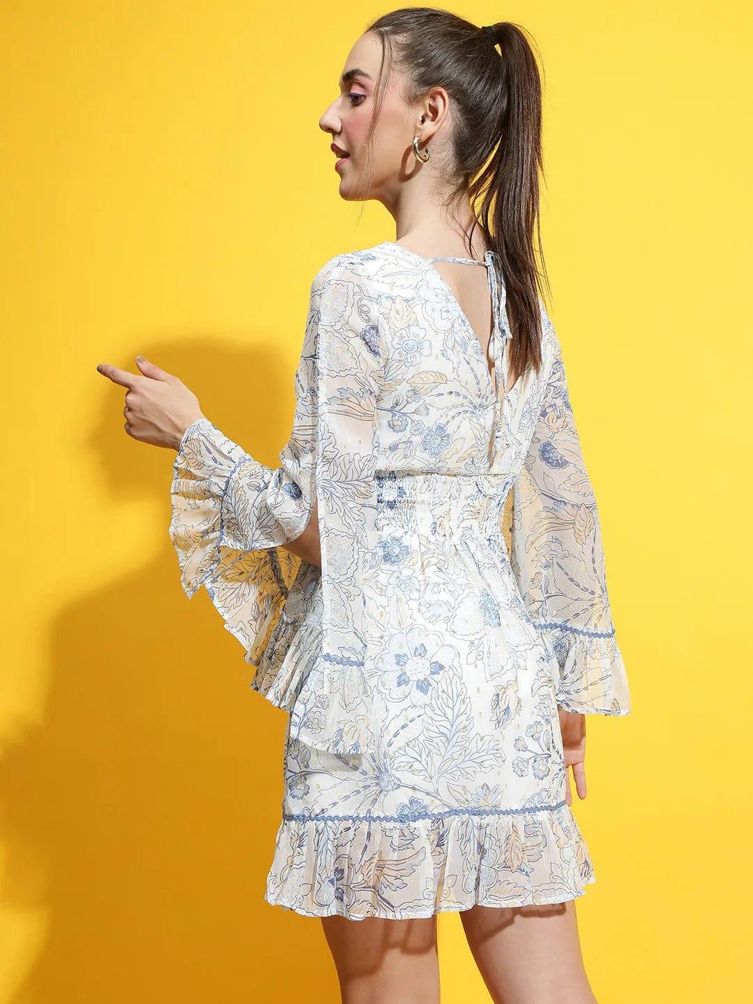 Electric Floral Print White Smocked Lace Detailed Women Dress - Image 5