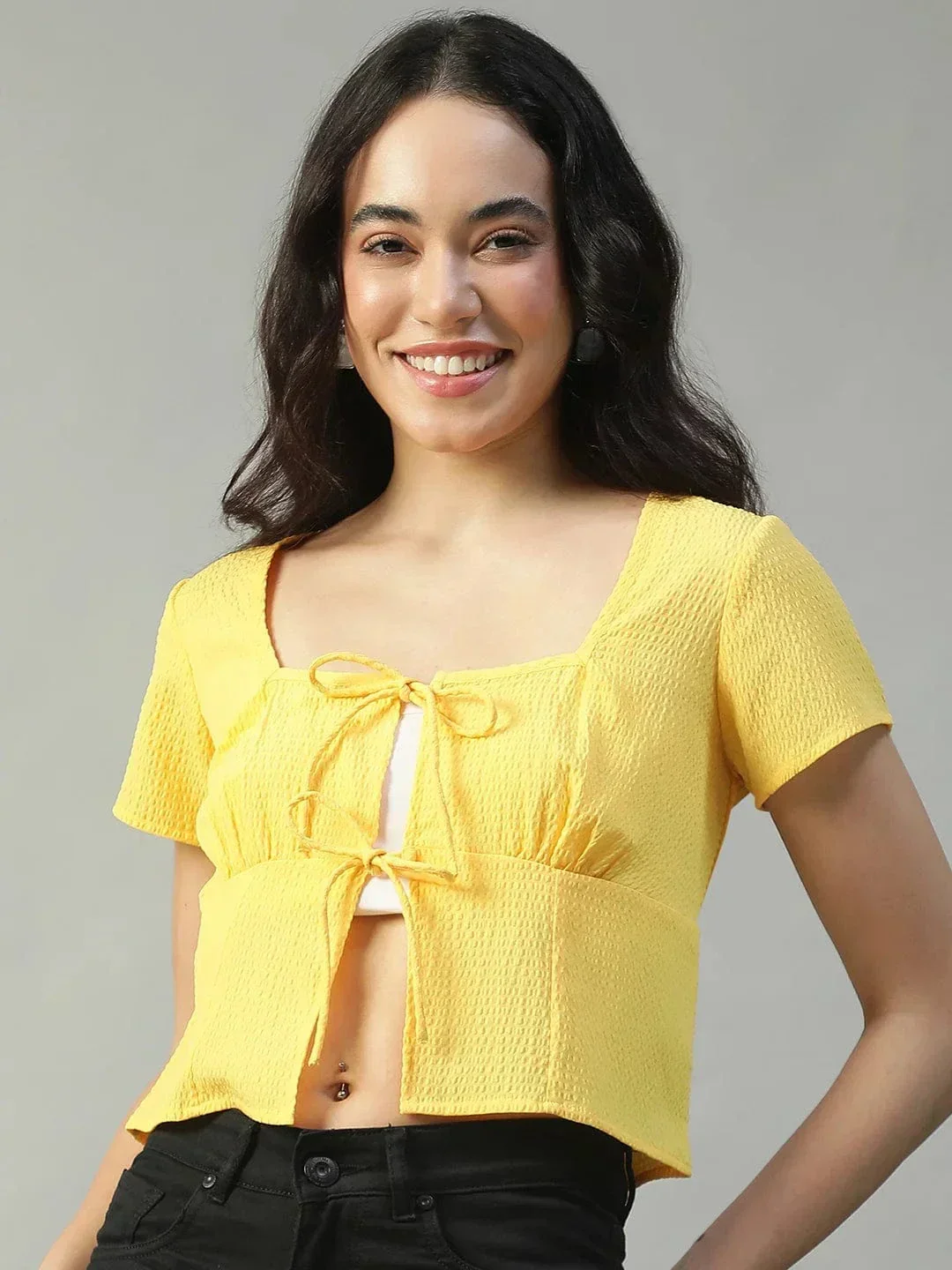 Electric Solid Yellow Tie-Up Detail Short Sleeve Seersucker Dobby Women Top