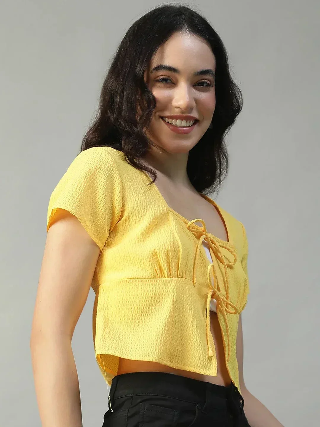 Electric Solid Yellow Tie-Up Detail Short Sleeve Seersucker Dobby Women Top - Image 4