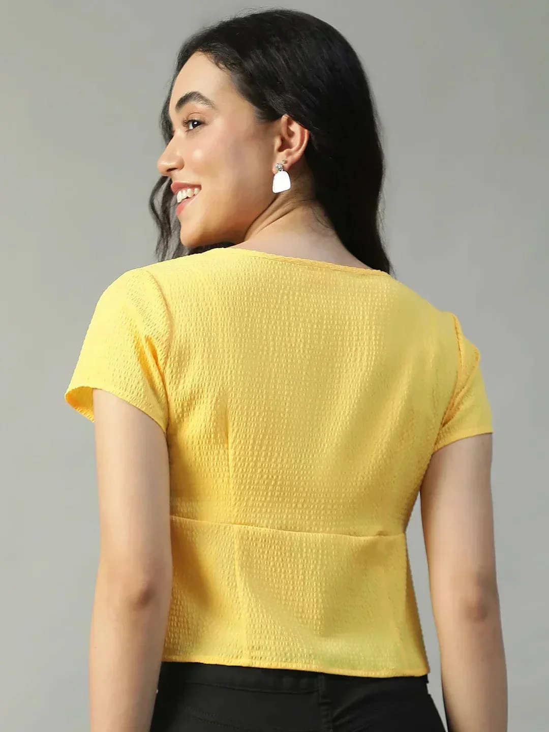 Electric Solid Yellow Tie-Up Detail Short Sleeve Seersucker Dobby Women Top - Image 5