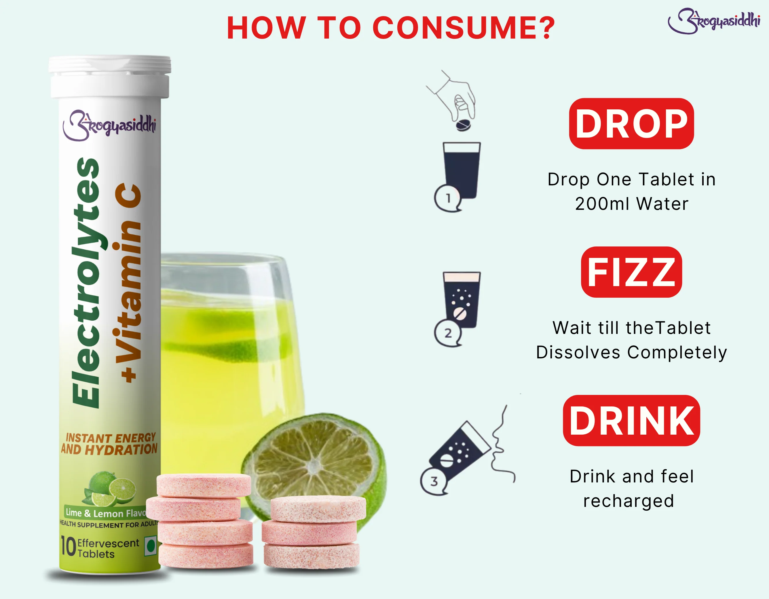 Electrolytes with Vitamin C for Instant Energy and Hydration, Lime&Lemon Drink, 10 Effervescent Tablets - Image 6