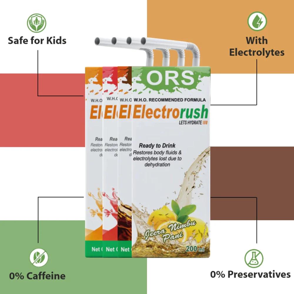 Electrorush ORS Combo pack - Apple, Orange, Cola, Nimbu Jeera I Ready to Drink I Oral Rehydration Contains Electrolytes | WHO Recommended Formula - Image 2