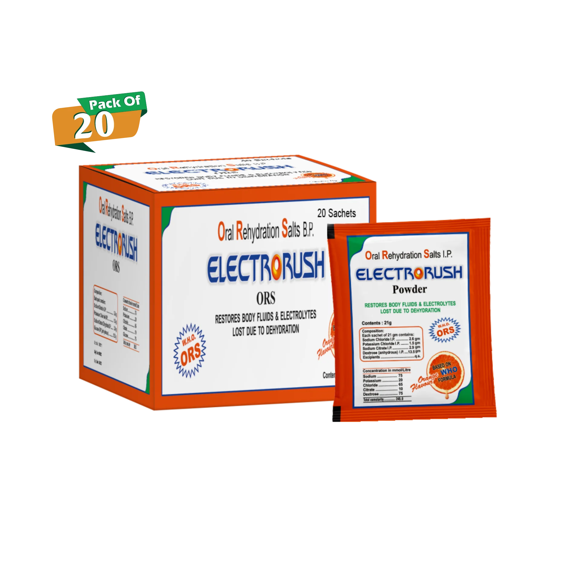 Electrorush ORS Orange powder I Ready to Drink I Oral Rehydration Contains Electrolytes | WHO Recommended Formula