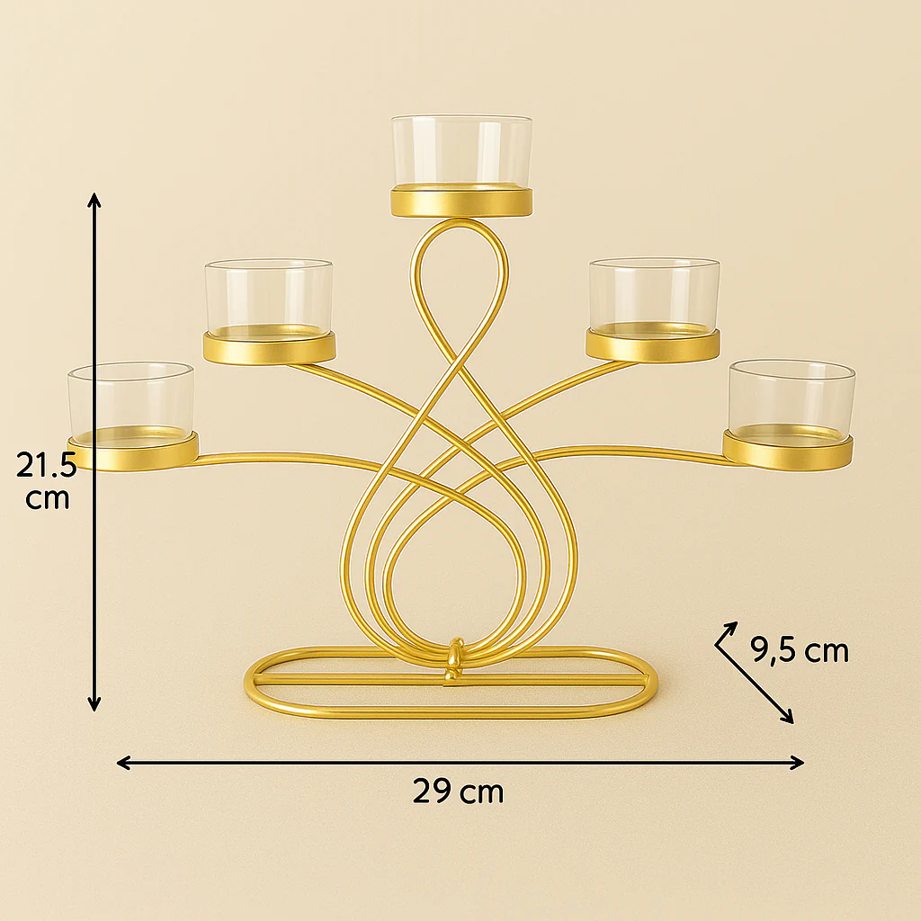 Elegant 5-Arm T-Light Candle Holder | Gold Metal Stand with Glass Cups | Home Décor Accent - Image 3