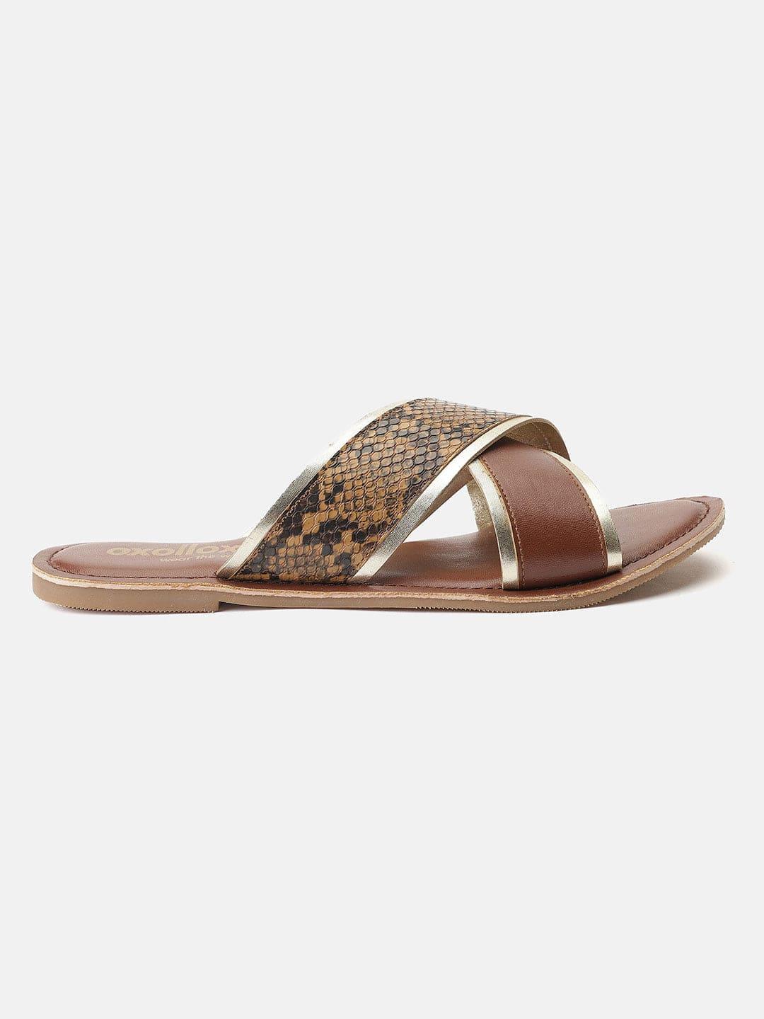 Elegant Brown Animal Print Cross Strap Open Back Sandals - Image 3