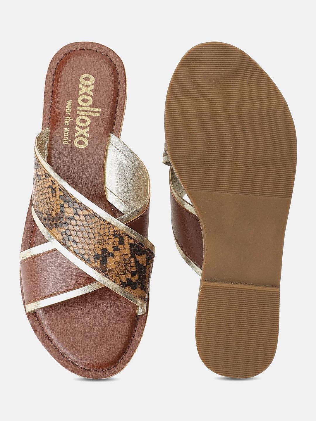 Elegant Brown Animal Print Cross Strap Open Back Sandals - Image 4