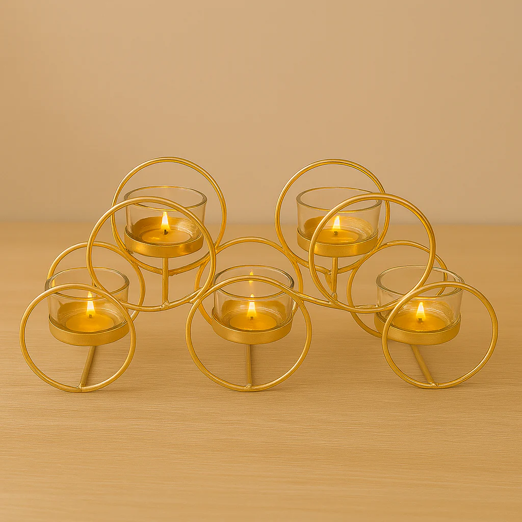 Elegant Gold Metal & Glass T-Light Candle Holder – 5 Holder Design