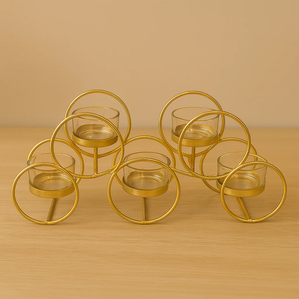 Elegant Gold Metal & Glass T-Light Candle Holder – 5 Holder Design - Image 2