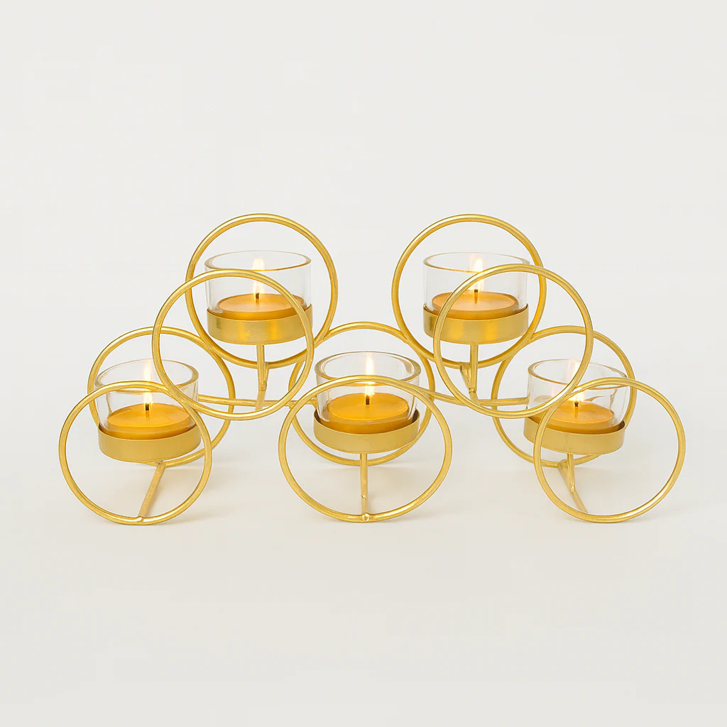 Elegant Gold Metal & Glass T-Light Candle Holder – 5 Holder Design - Image 3