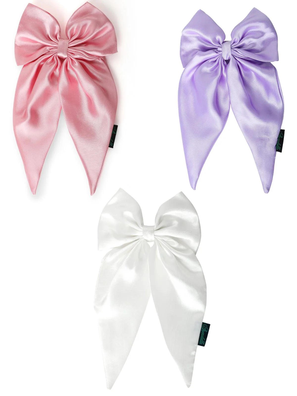 Elegant Satin Long Tail Bow Set in Pink, Lilac & Pearl - Image 2