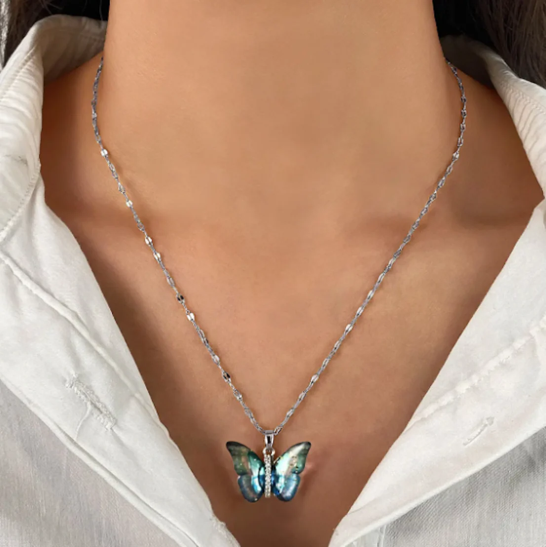 Elegant Silver Plated Butterfly Pendant With Link Chain, Cubic Zircon Pendant Chain Necklace For Women & Girls (Silver) - Image 2