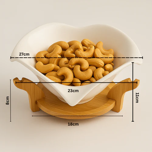 Elegant White Ceramic Leaf-Shaped Bowl with Wooden Stand – Decorative & Functional Serving Bowl - Image 4