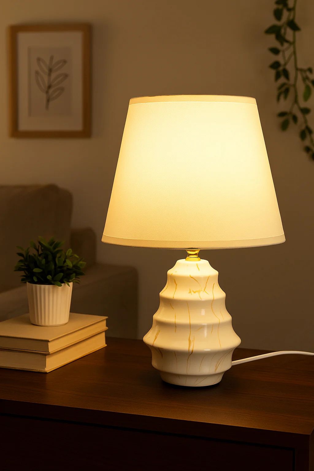 Elegant White Ceramic Table Lamp with Gold Veins & Linen Shade - Image 2