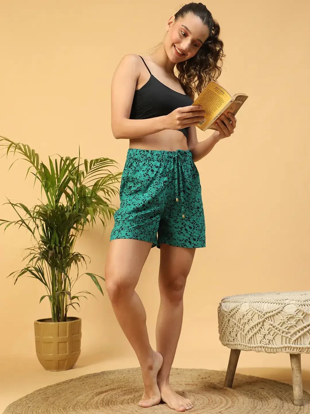 Elite Green Printed Elasticated Waist with Tie-Up Detail Women Nightwear Shorts - Image 7