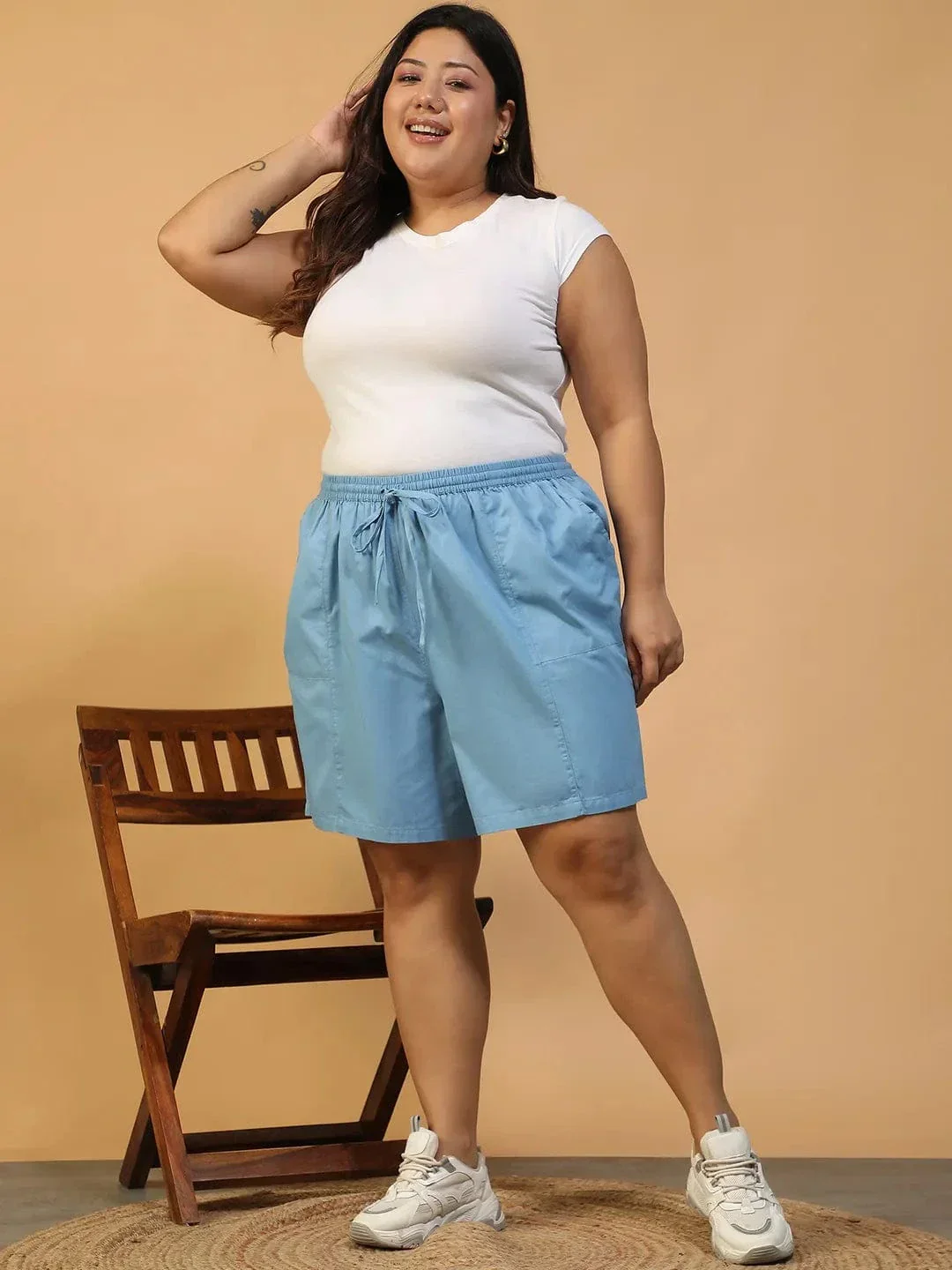 Ember Blue Elasticated With Tie-Up Detail Plus Size Women Cotton Shorts - Image 2