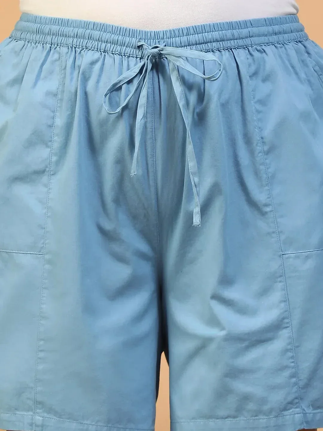 Ember Blue Elasticated With Tie-Up Detail Plus Size Women Cotton Shorts - Image 6