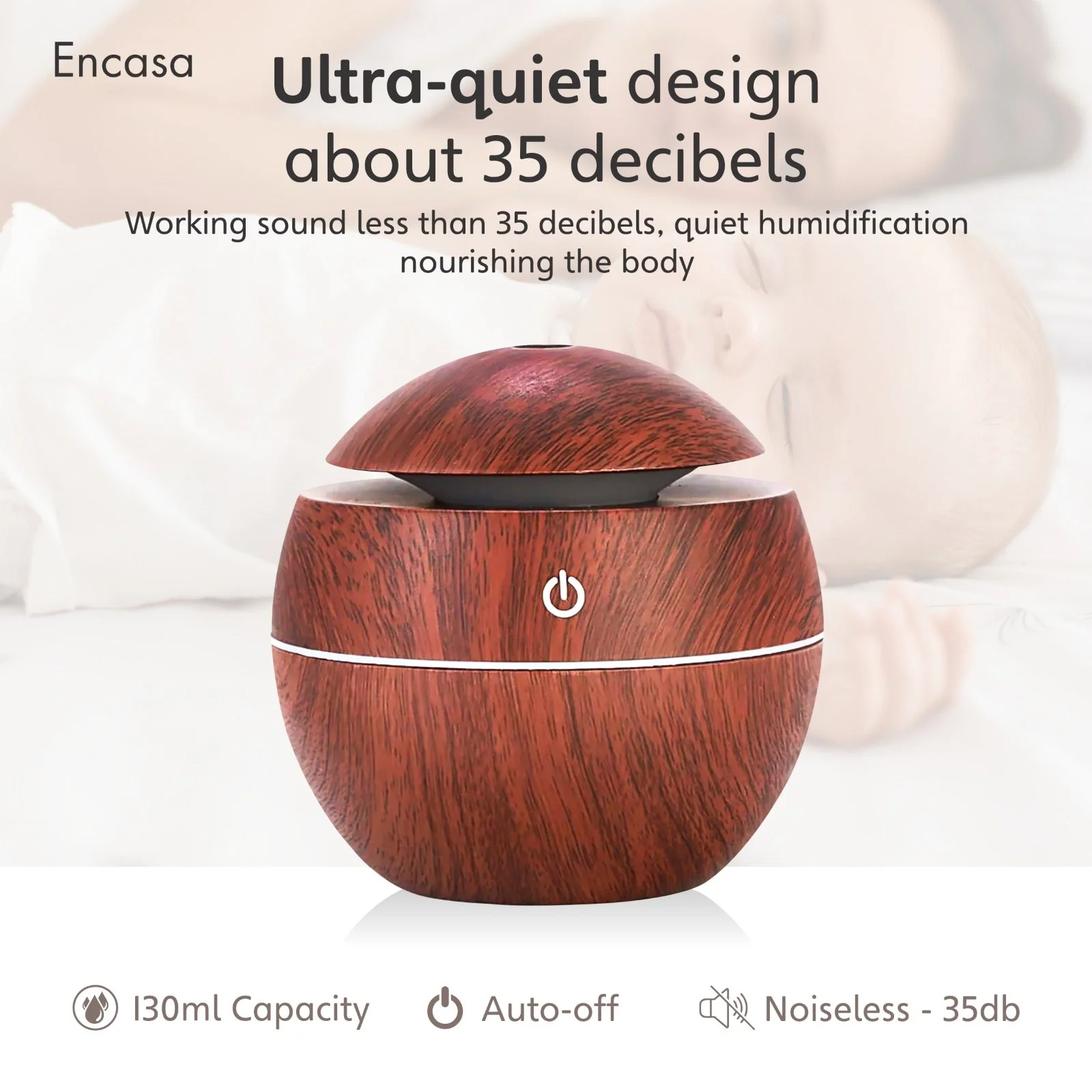 Encasa Wooden Aroma Diffuser & Cool Mist Humidifier | 130ml Capacity | USB Operated | Ultra-Quiet | Ambient Night Light | Ideal for Home & Office - Image 7