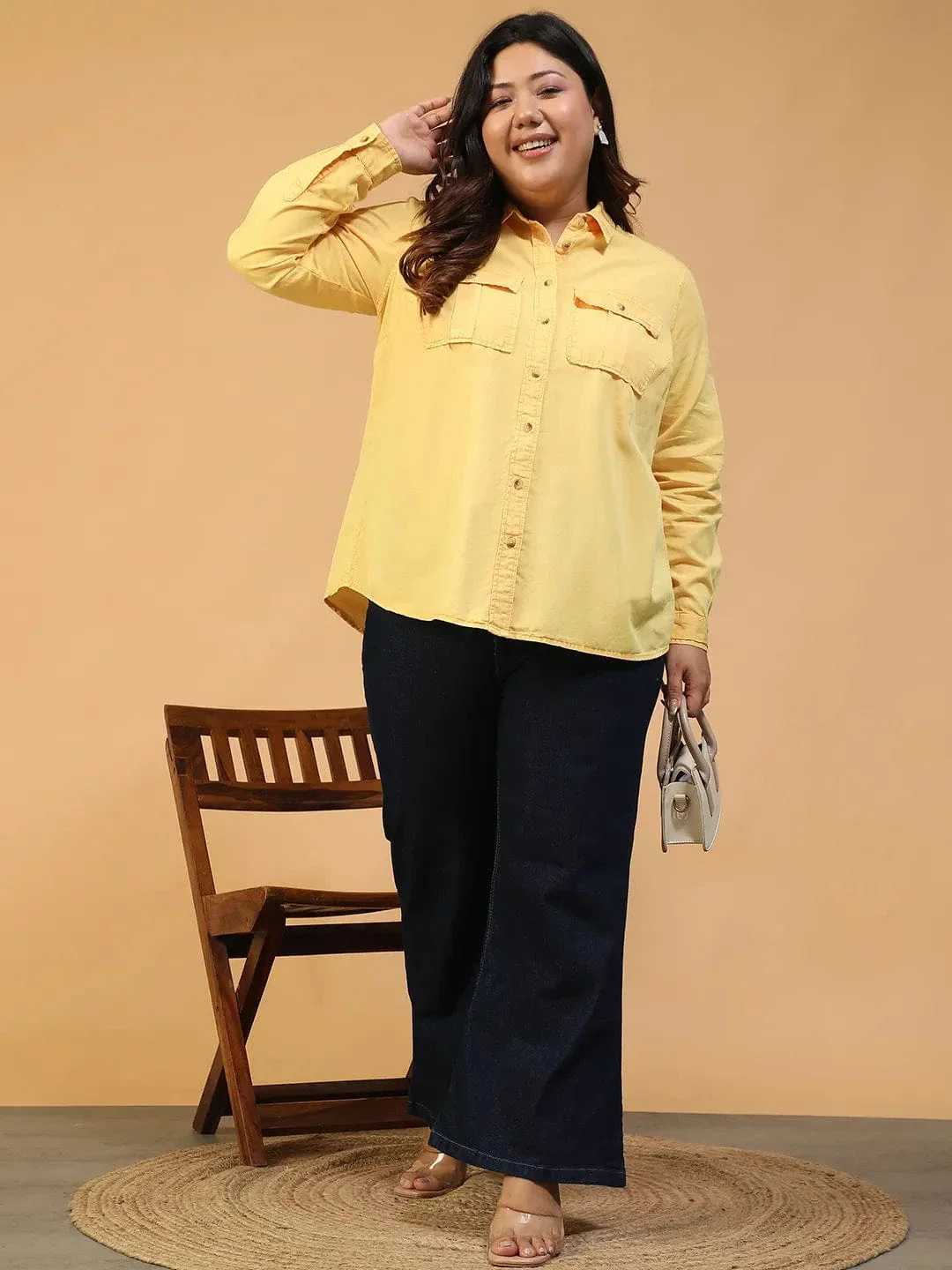 Enchanted Yellow Collared Long Sleeve Button Down Plus Size Women Cotton Shirt - Image 8