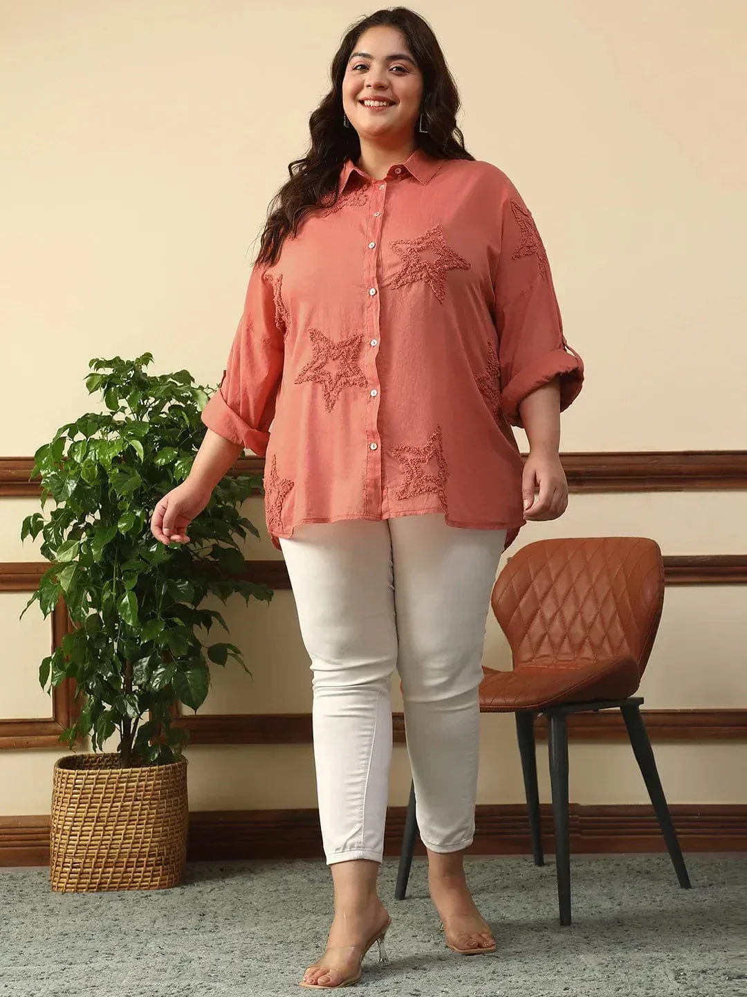 Enhanced Rust Long Sleeve Embroidered Button Down Plus Size Women Cotton Shirt - Image 2