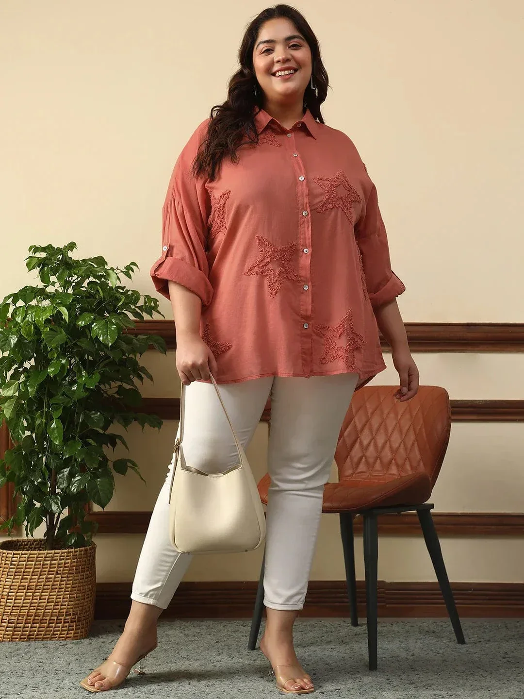 Enhanced Rust Long Sleeve Embroidered Button Down Plus Size Women Cotton Shirt - Image 8