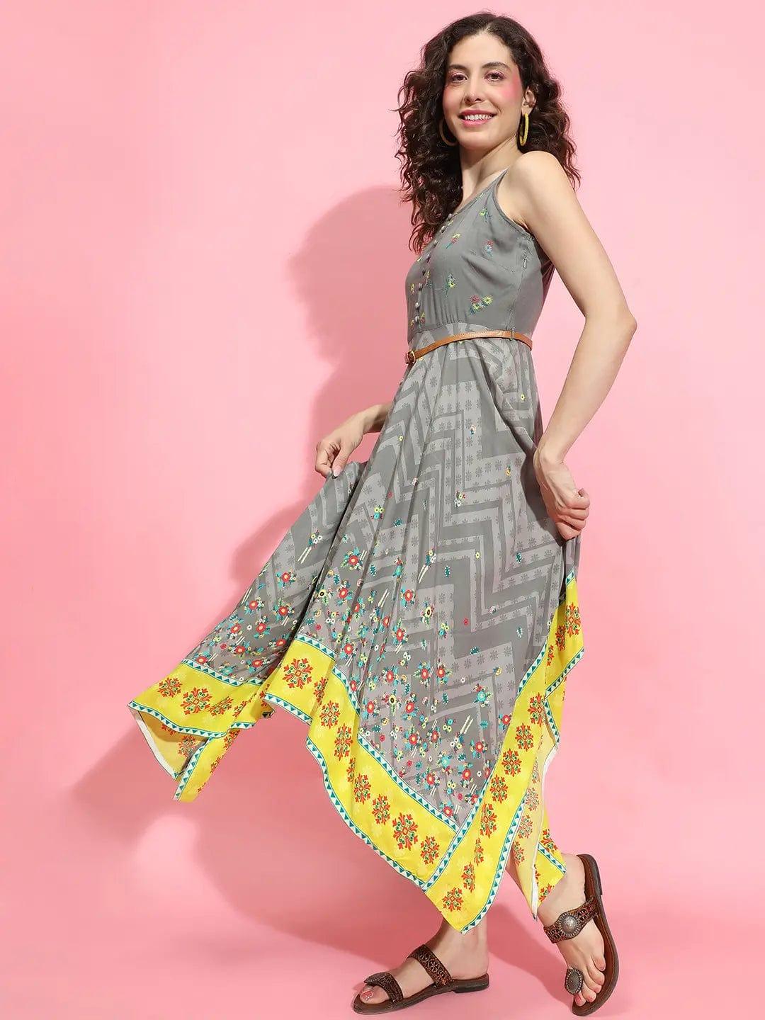 Envisioned Grey Printed High-Low Strappy Women Dress - Image 3
