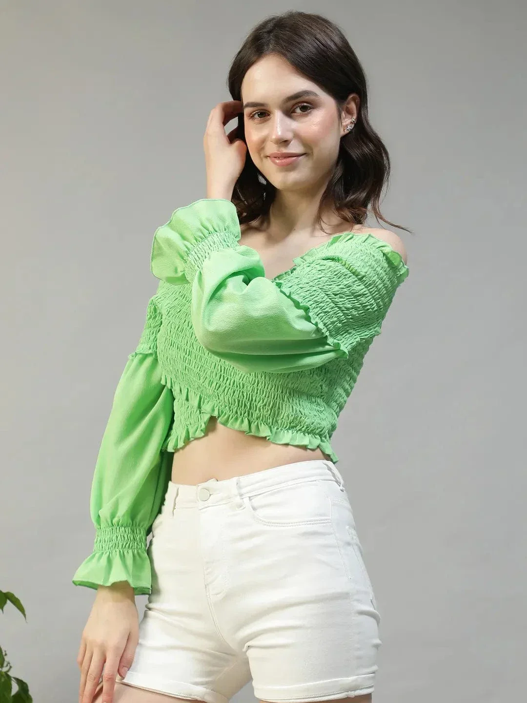 Envy Solid Green Off-Shoulder Long Sleeve Smocked Women Crop Top - Image 3