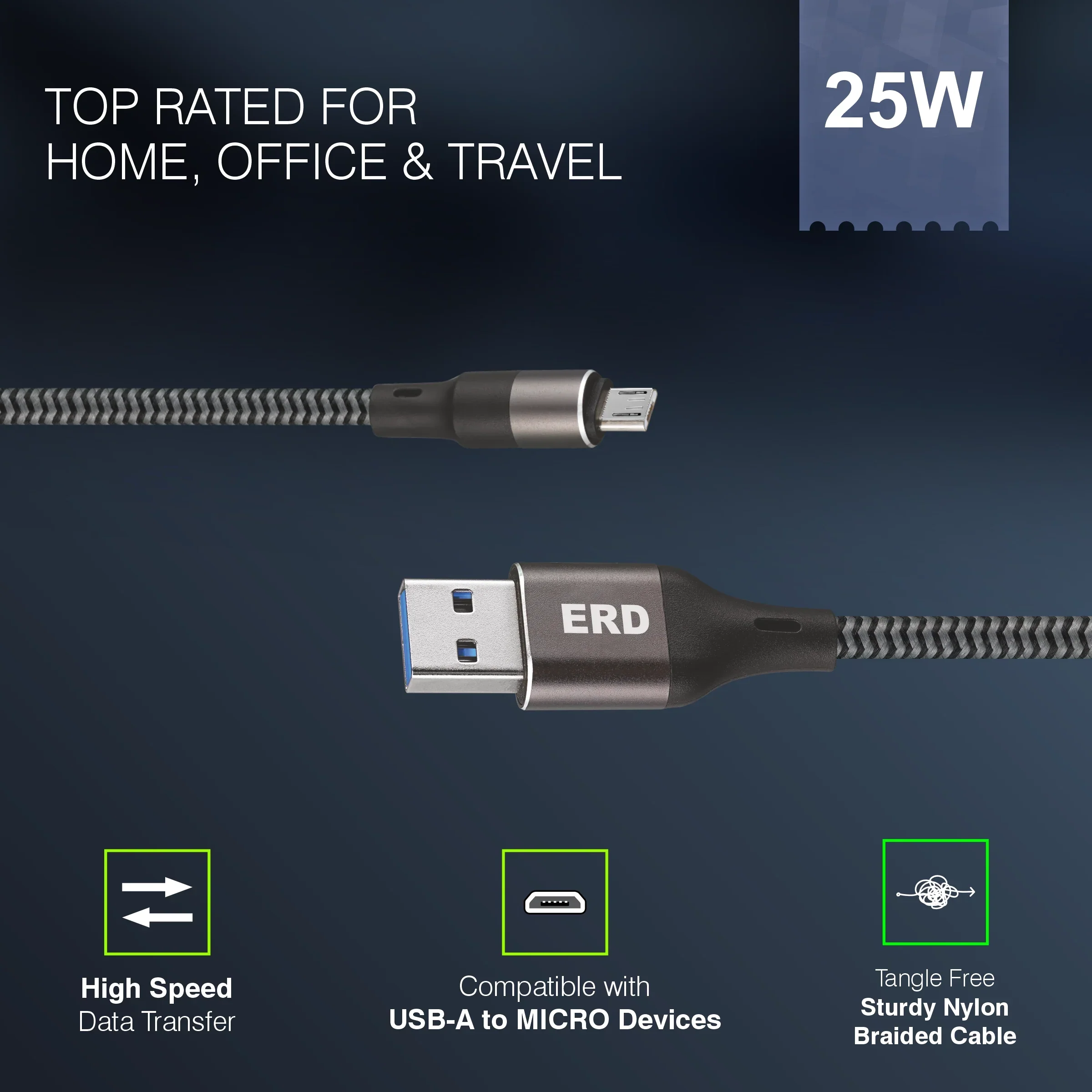 ERD UC-195 Micro USB Metal Braided Data Cable-25W - Image 6