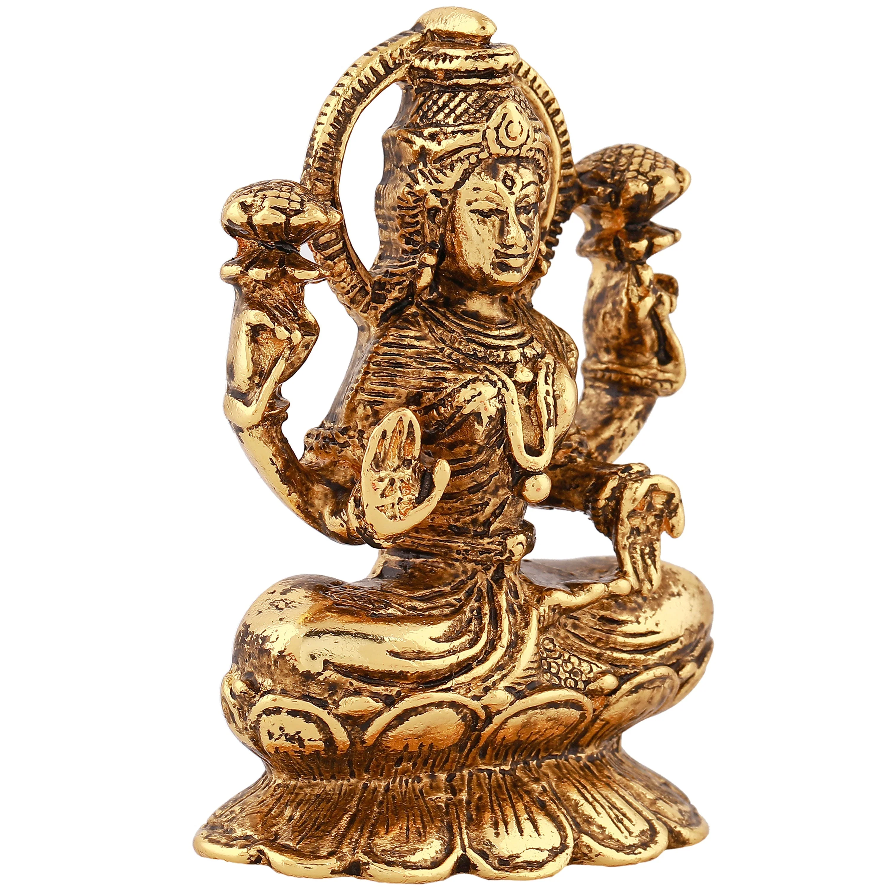 Estele Gold-Plated Antique Goddess Of Wealth Laxmi Devi On Lotus Idol For Home/Car Decor - Image 3
