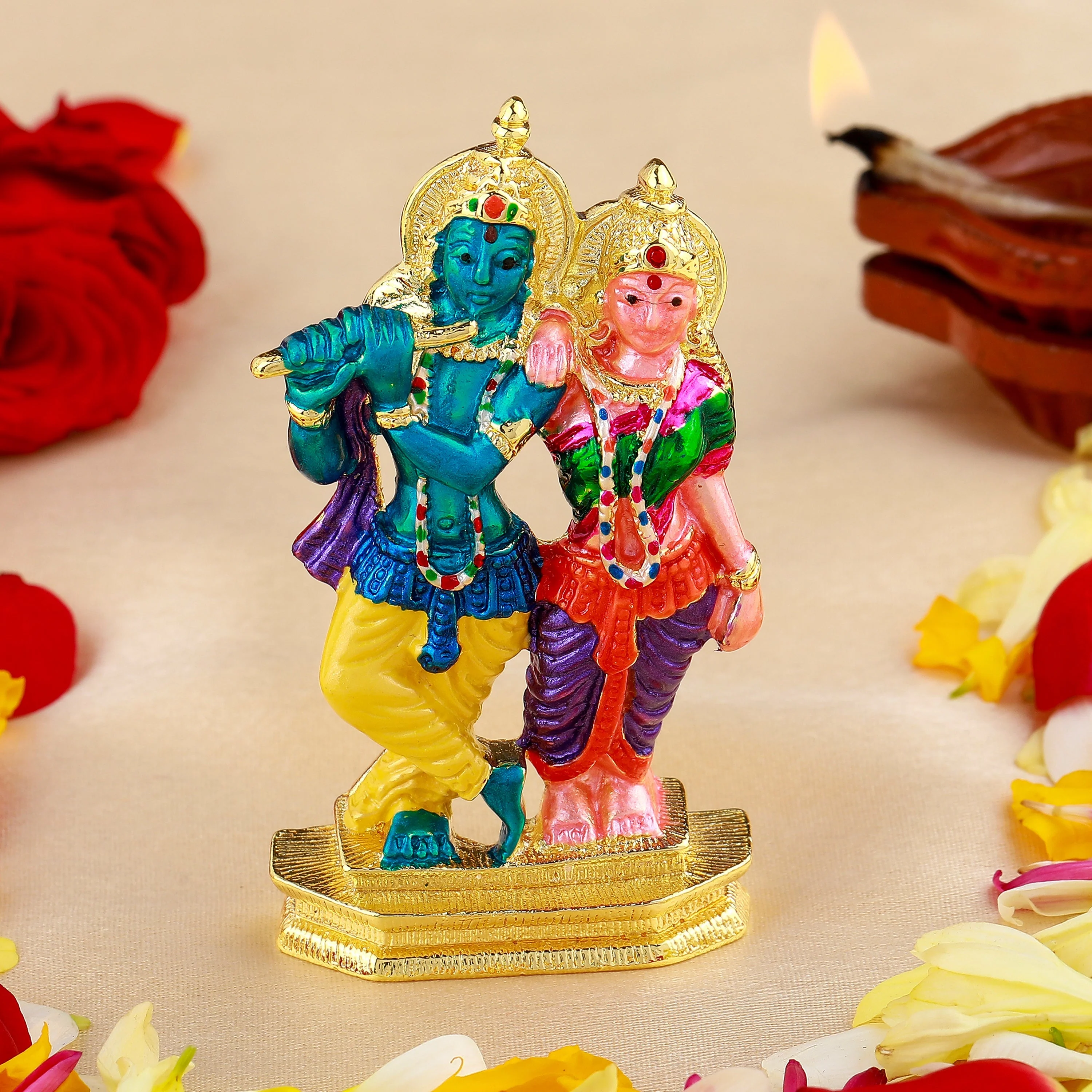 Estele Gold Plated Devotional Shree Radha Krishna Idol With Multi Color Enamel