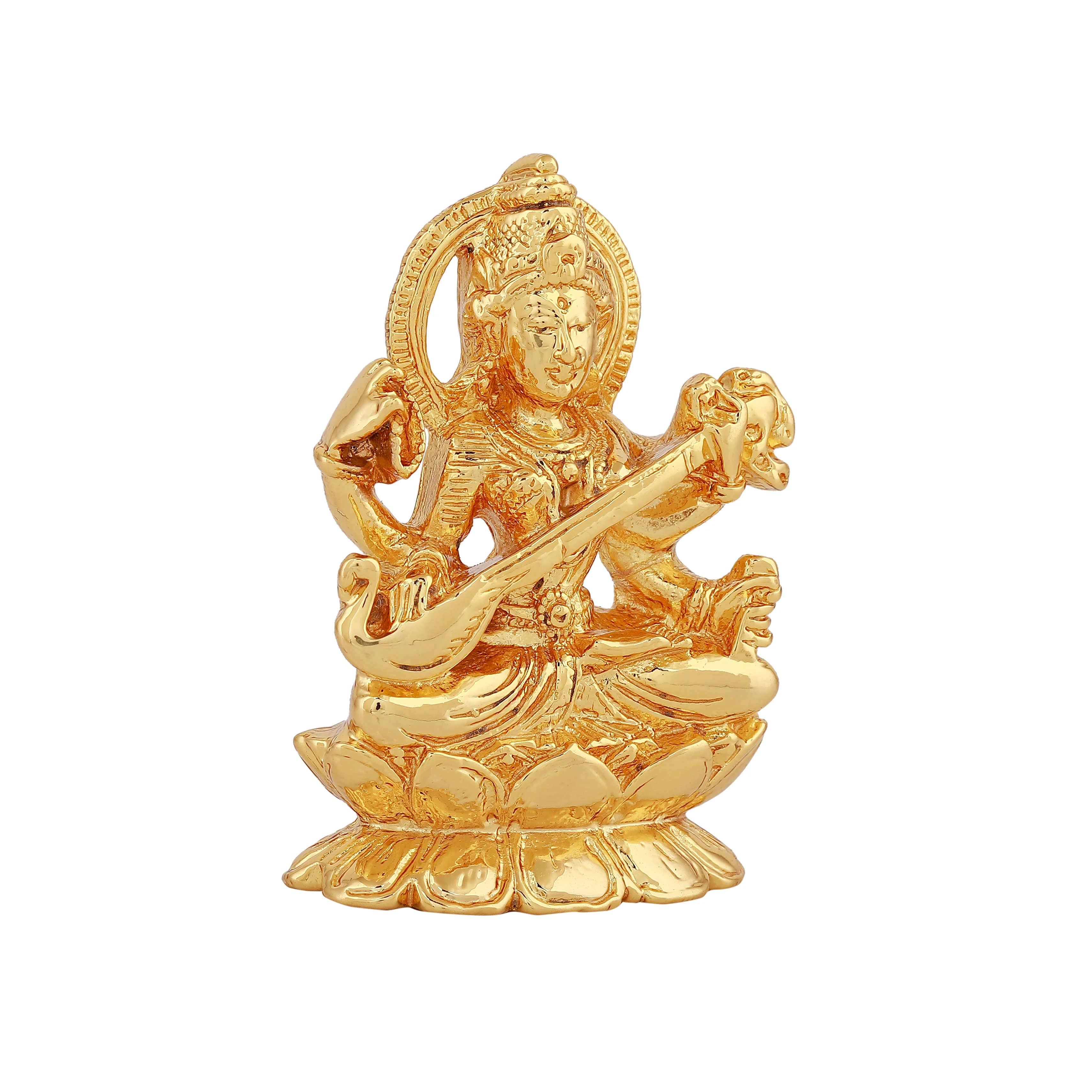 Estele Gold-Plated Goddess Of Knowledge Sarasvati Ma Idol For Pooja & Car Decor. - Image 3