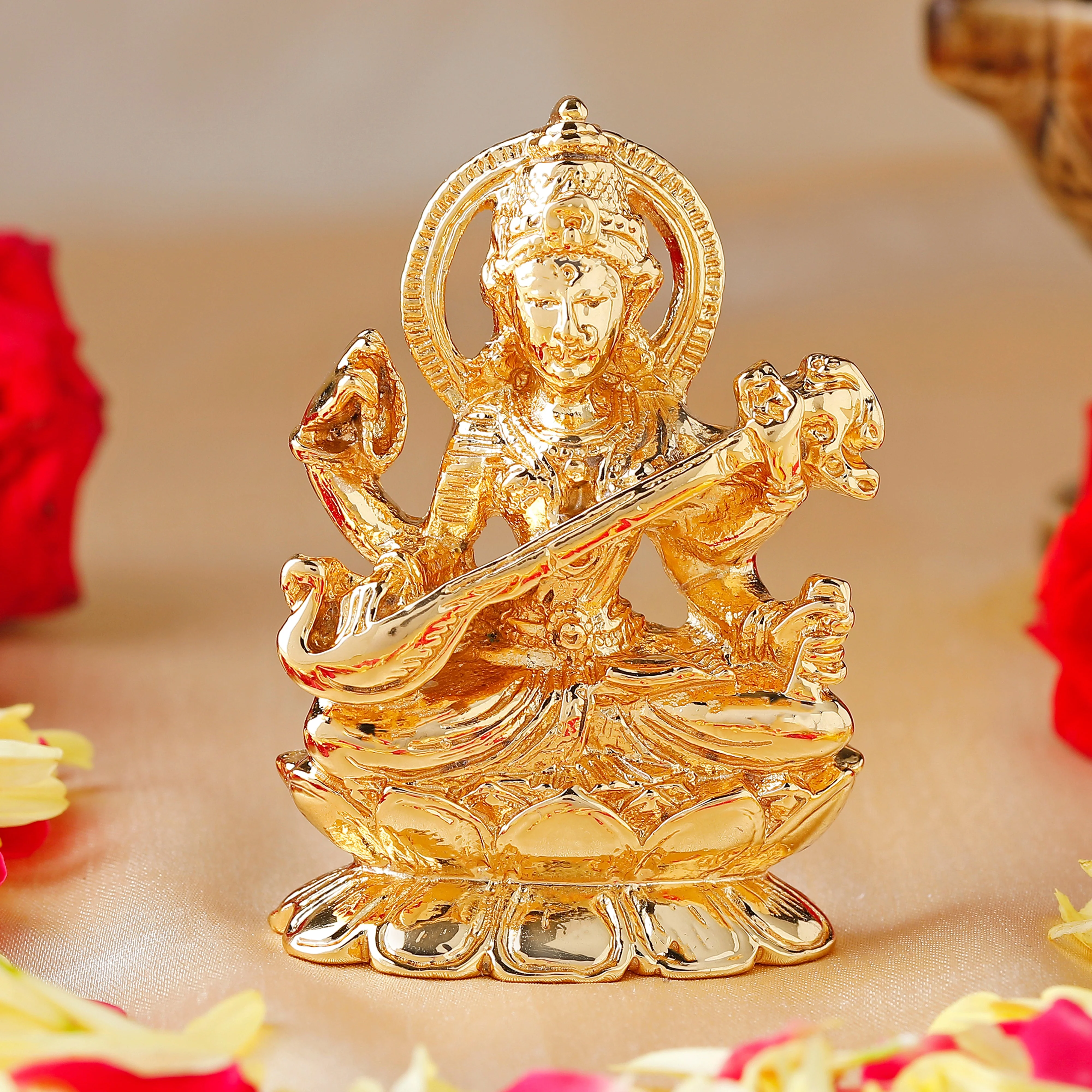 Estele Gold-Plated Goddess Of Knowledge Sarasvati Ma Idol For Pooja & Car Decor. - Image 9