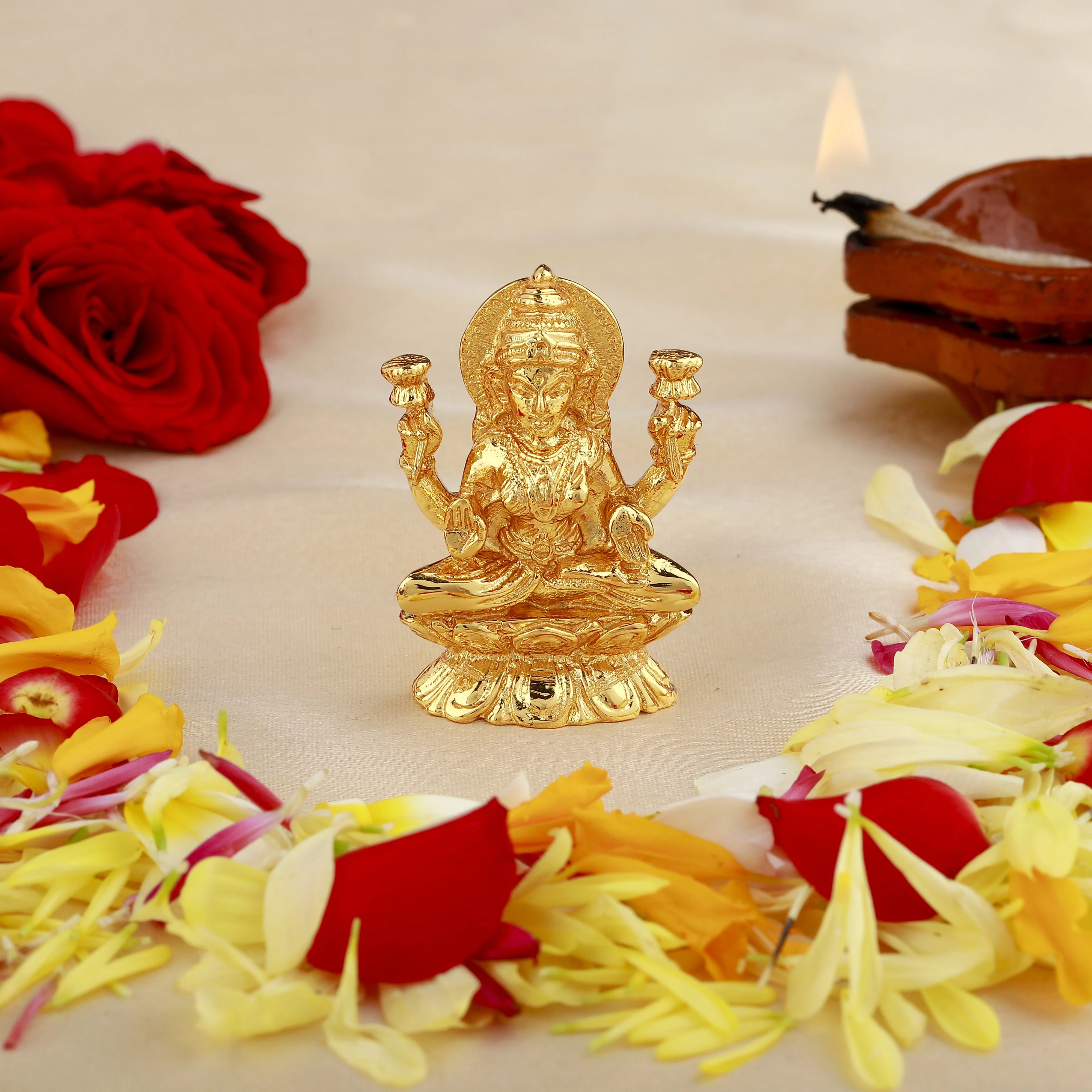 Estele Gold-Plated Goddess Of Wealth Laxmi Devi On Lotus Idol For Pooja/Car Decor - Image 7