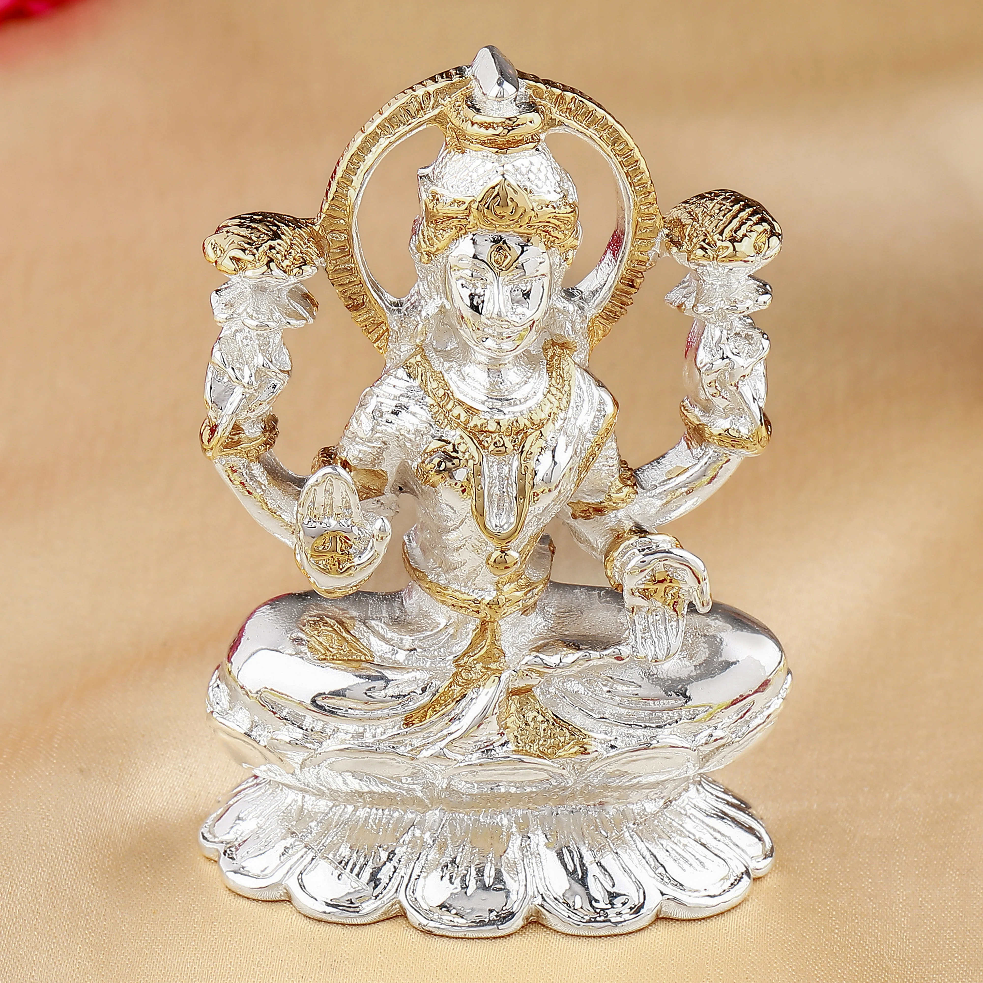 Estele Gold & Rhodium Goddess Of Wealth Laxmi Devi Idol On Lotus For Pooja/Car Decor.