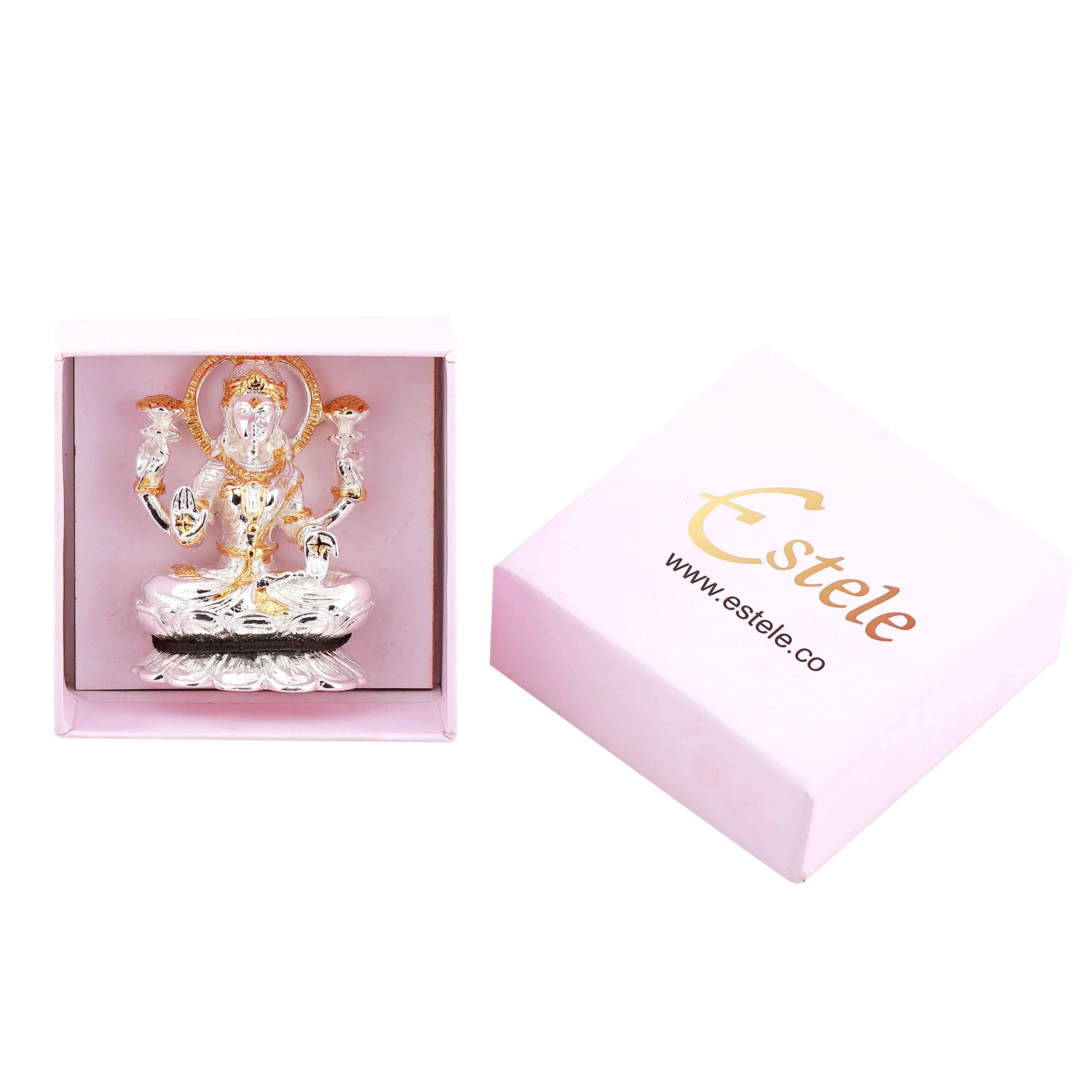 Estele Gold & Rhodium Goddess Of Wealth Laxmi Devi Idol On Lotus For Pooja/Car Decor. - Image 6