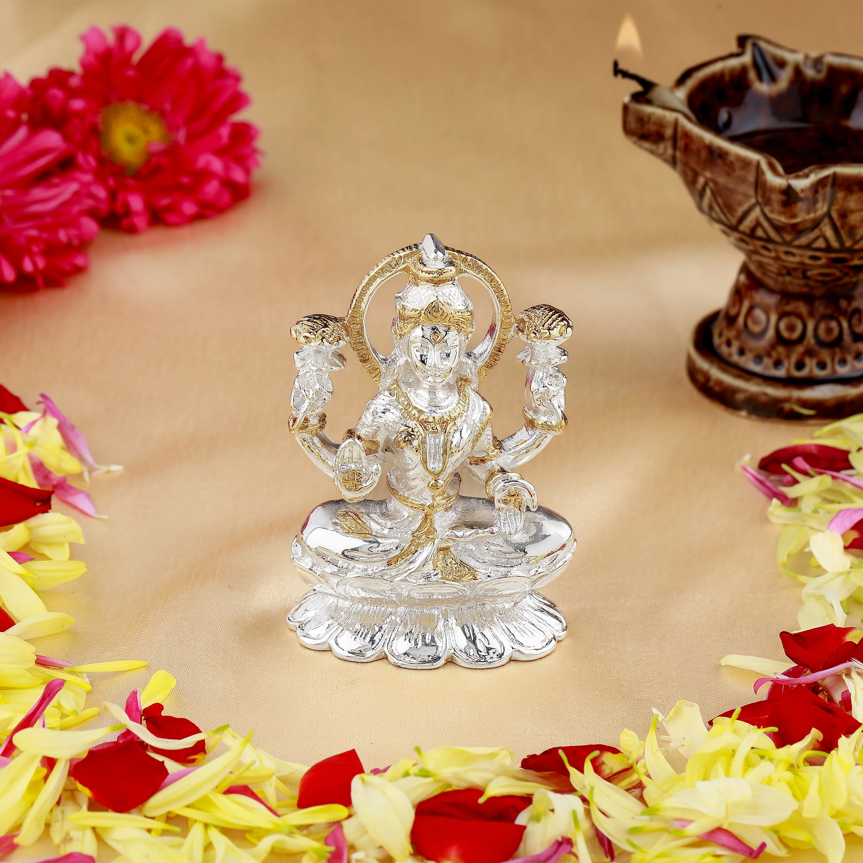 Estele Gold & Rhodium Goddess Of Wealth Laxmi Devi Idol On Lotus For Pooja/Car Decor. - Image 8