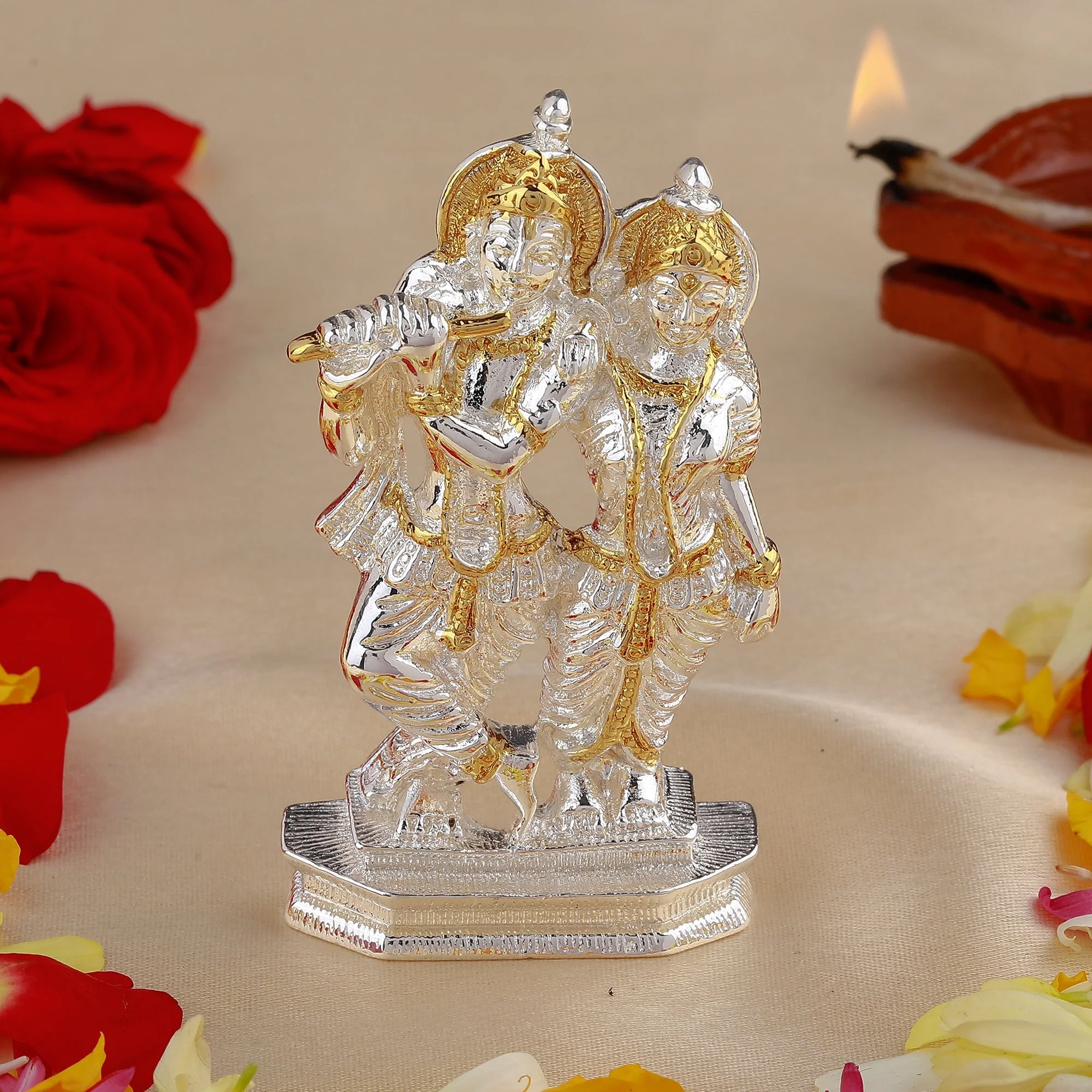 Estele Gold & Rhodium Plated Devotional Shree Radha Krishna Idol For Home/Car Decor.