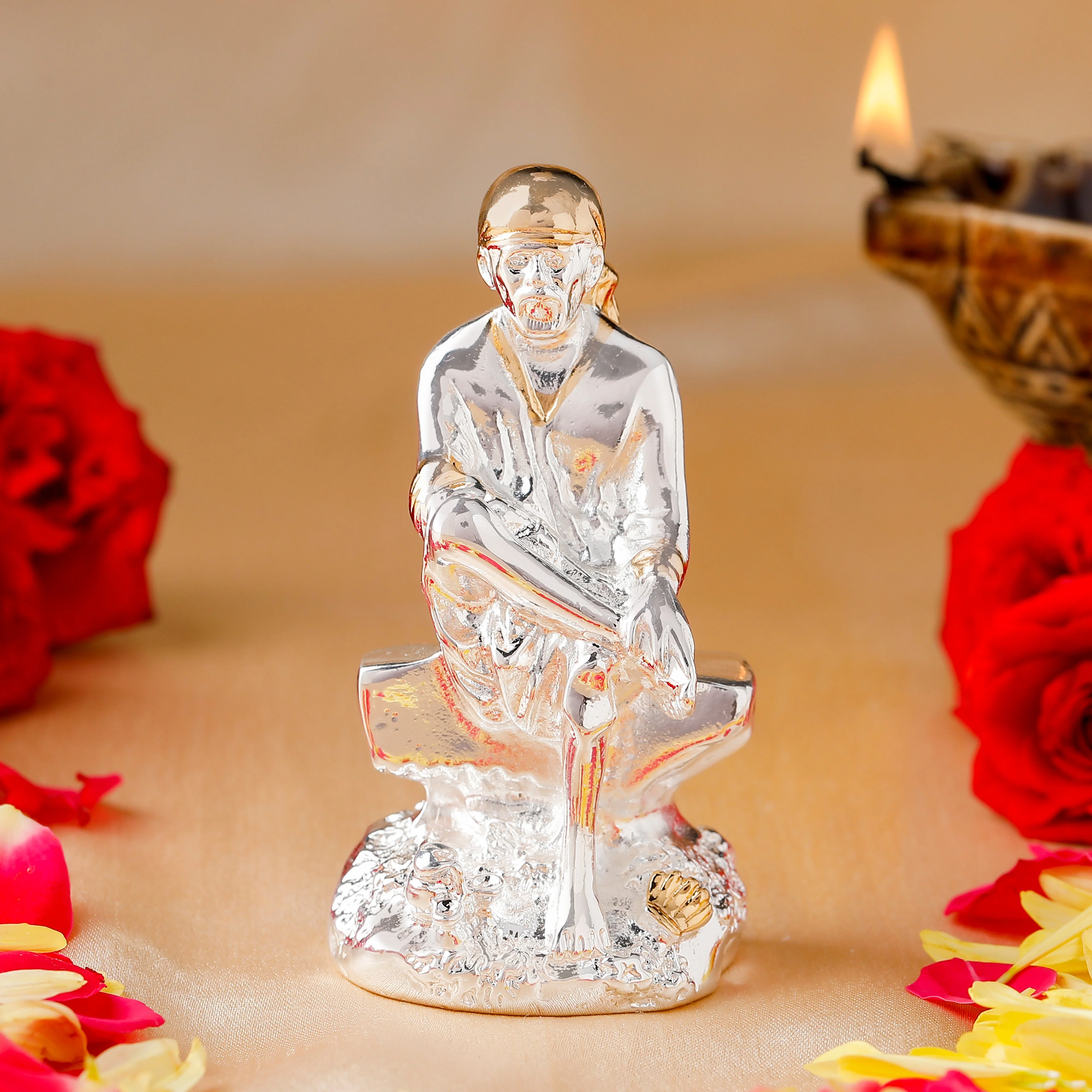 Estele Gold & Rhodium Plated Divine Shirdi Sai Baba Idol For Pooja/Gifts/Car Decor.