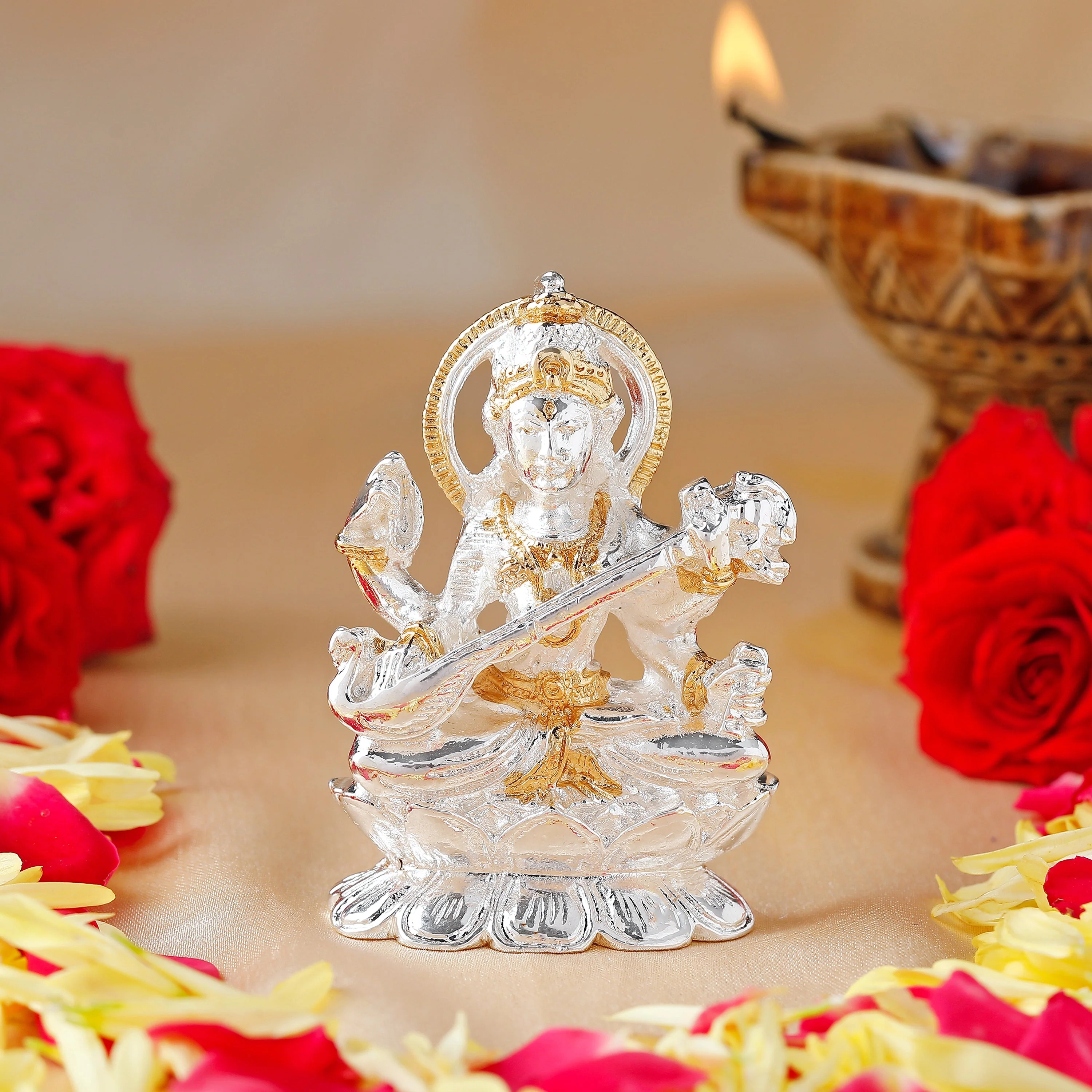 Estele Gold & Rhodium Plated Goddess Of Knowledge Saraswathi Ma Idol For Pooja & Car Decor.
