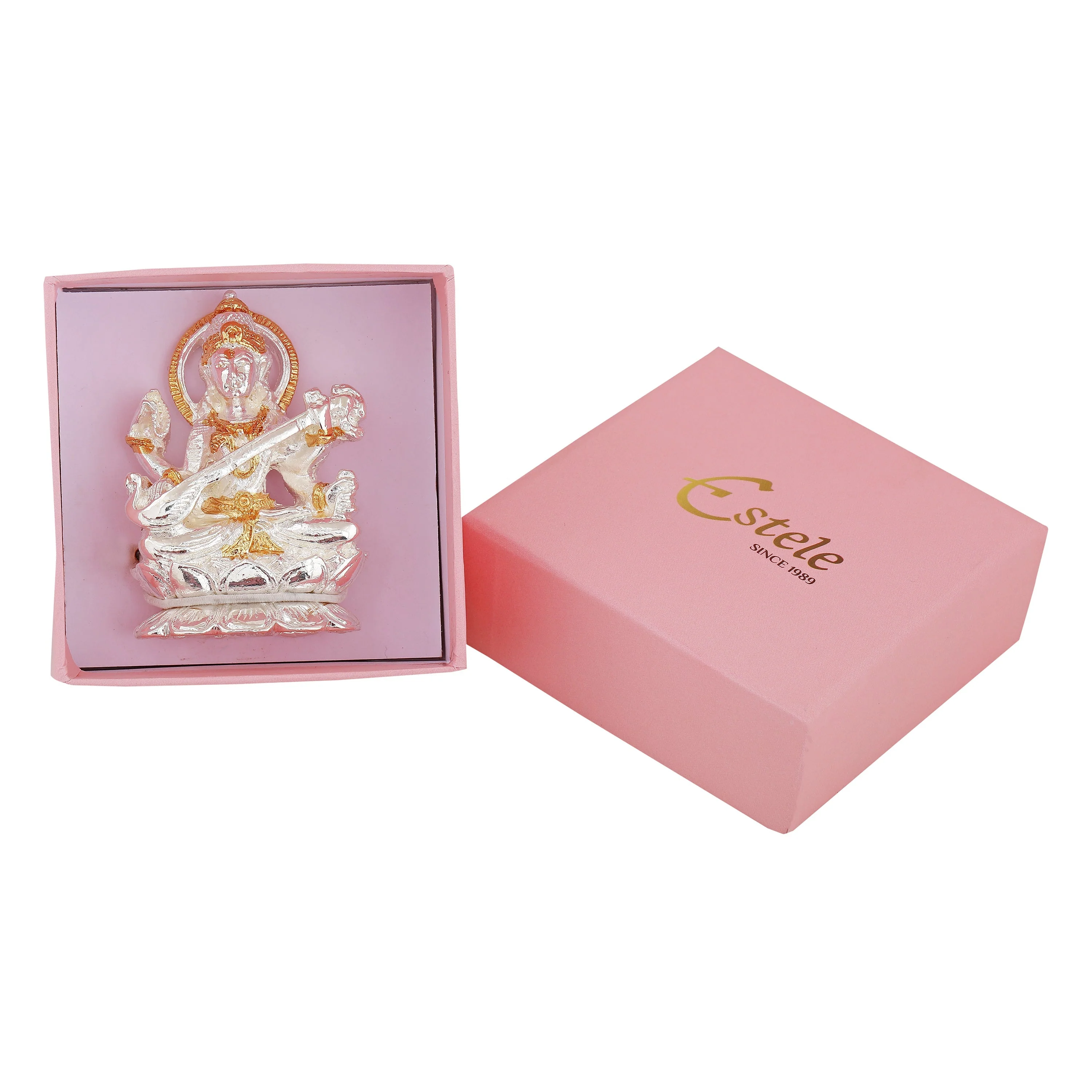 Estele Gold & Rhodium Plated Goddess Of Knowledge Saraswathi Ma Idol For Pooja & Car Decor. - Image 6