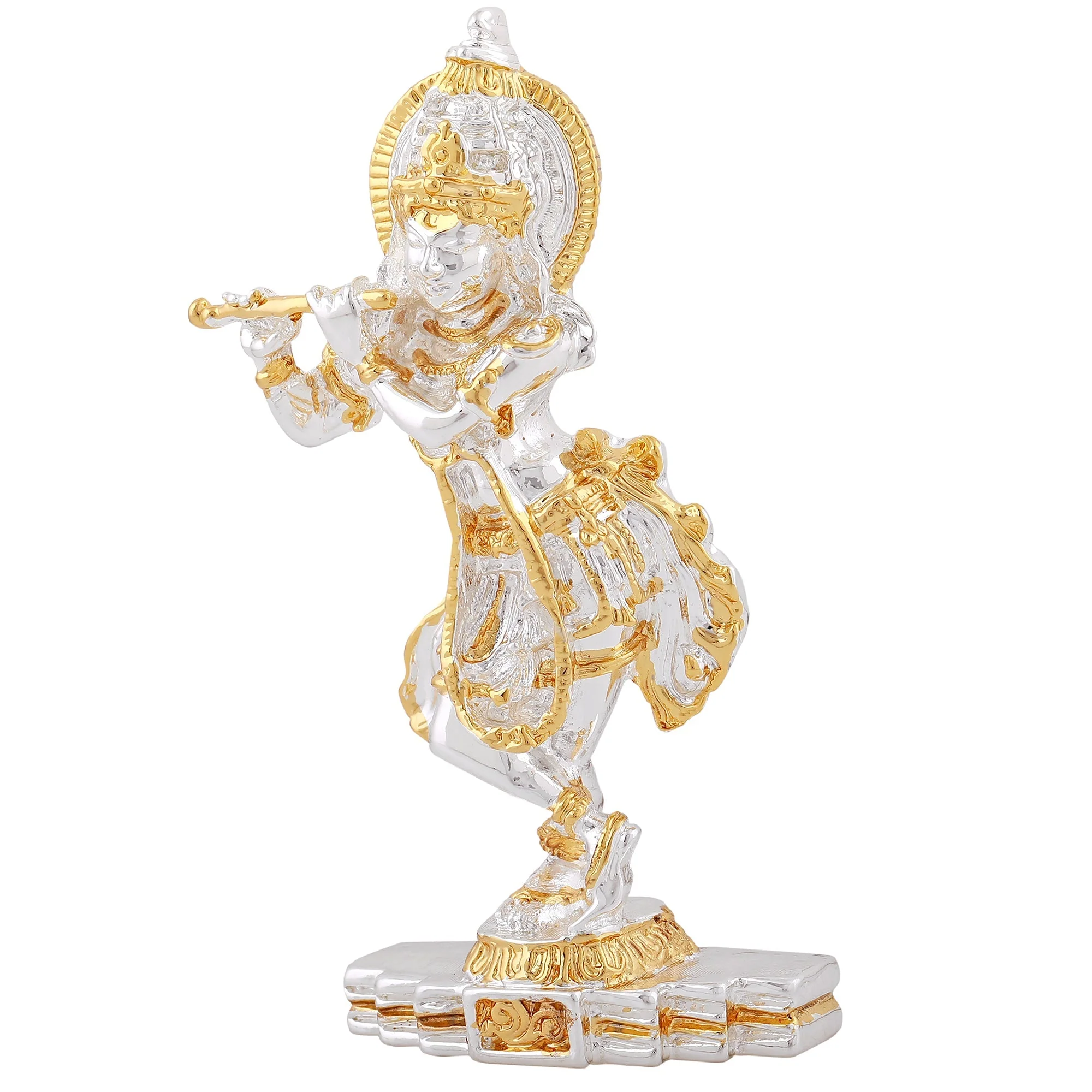 Estele Gold & Rhodium Plated Playing Flute Sri Krishna Idol For Home/Car Decor. - Image 3