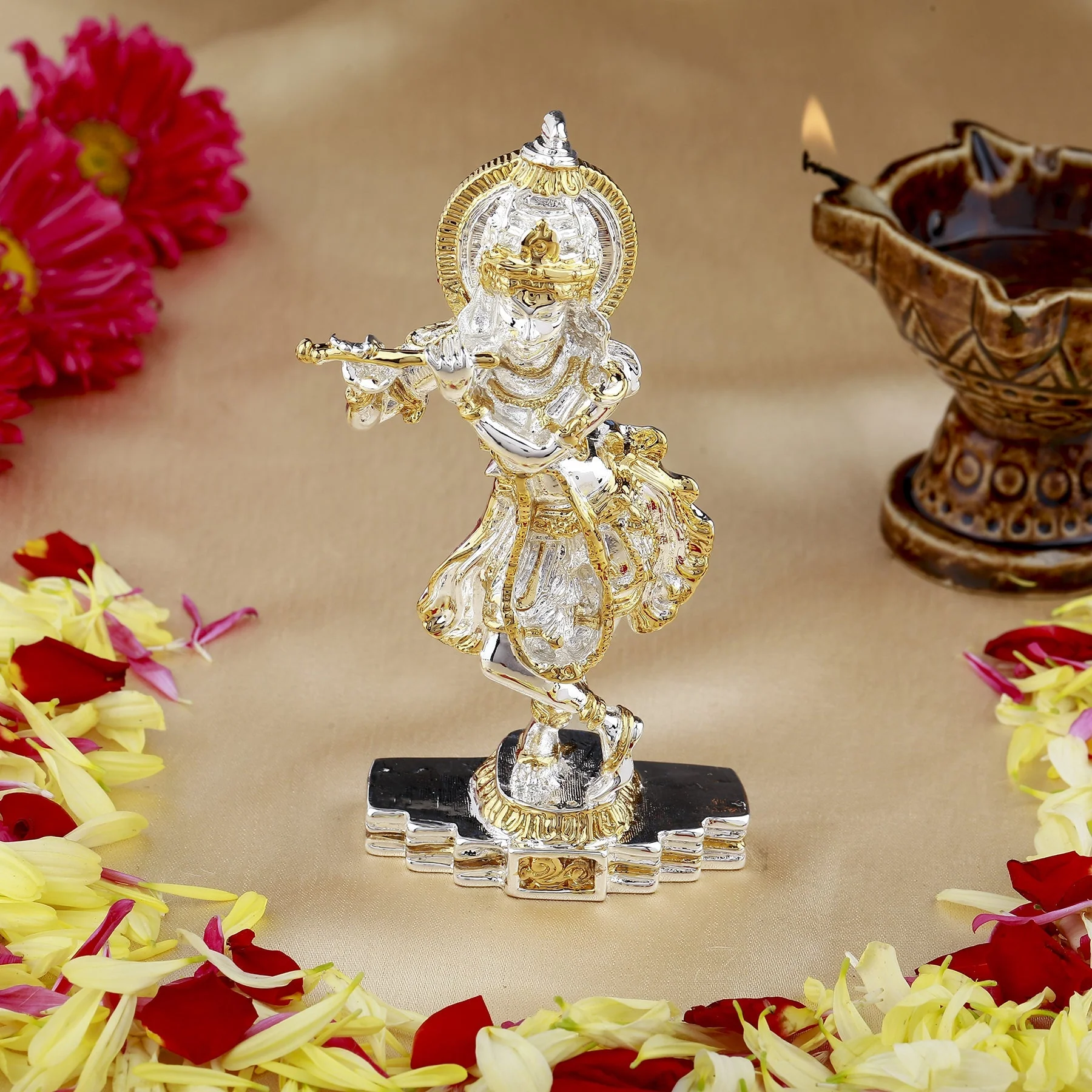 Estele Gold & Rhodium Plated Playing Flute Sri Krishna Idol For Home/Car Decor. - Image 8