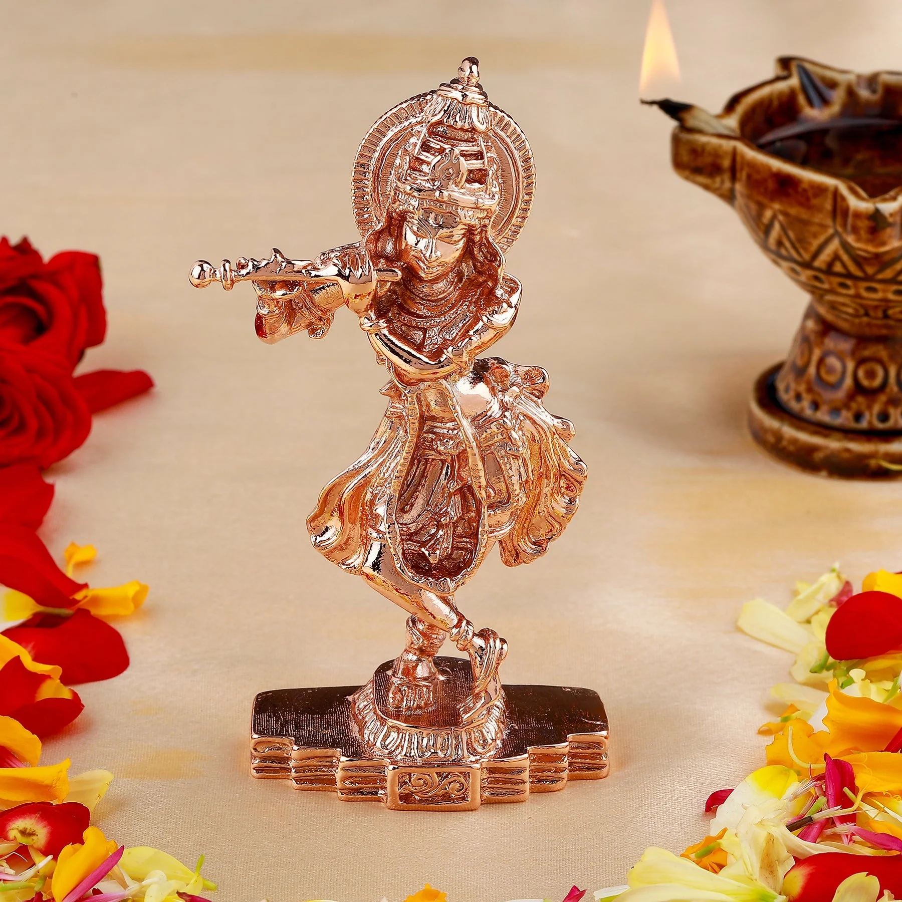 Estele Pink/Rosegold Plated Playing Flute Sri Krishna Idol For Pooja/Car Decor