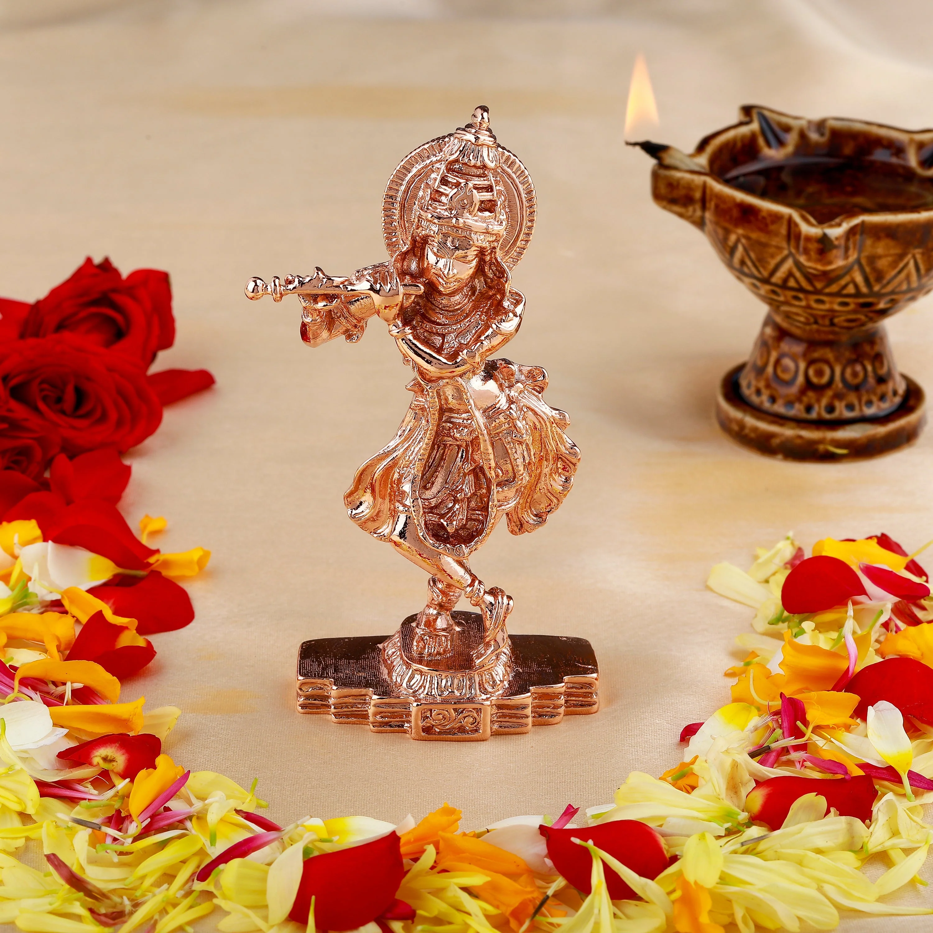 Estele Pink/Rosegold Plated Playing Flute Sri Krishna Idol For Pooja/Car Decor - Image 8