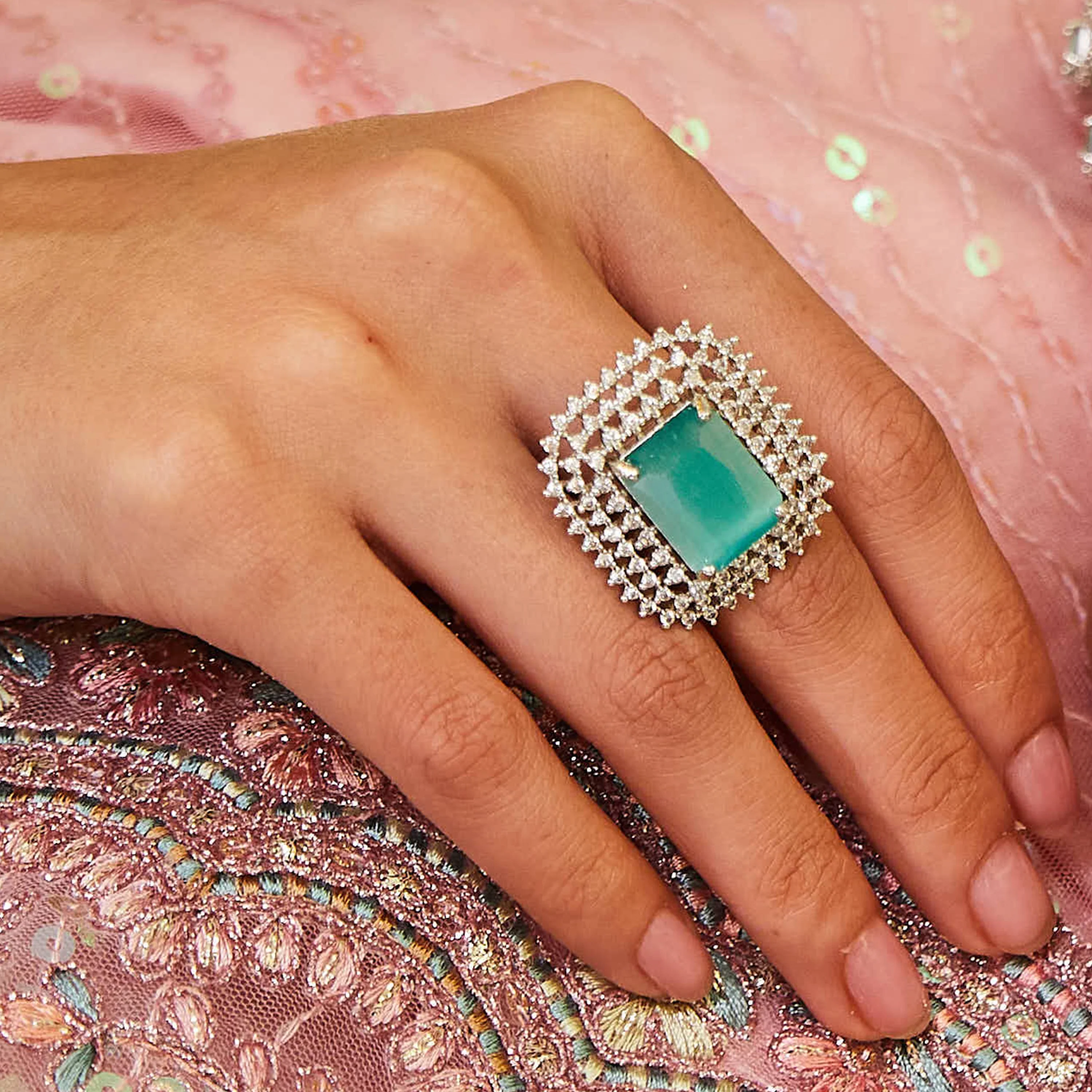Estele Rhodium Plated Cz Sparkling Finger Ring With Mint Green Stone For Women(Adjustable)