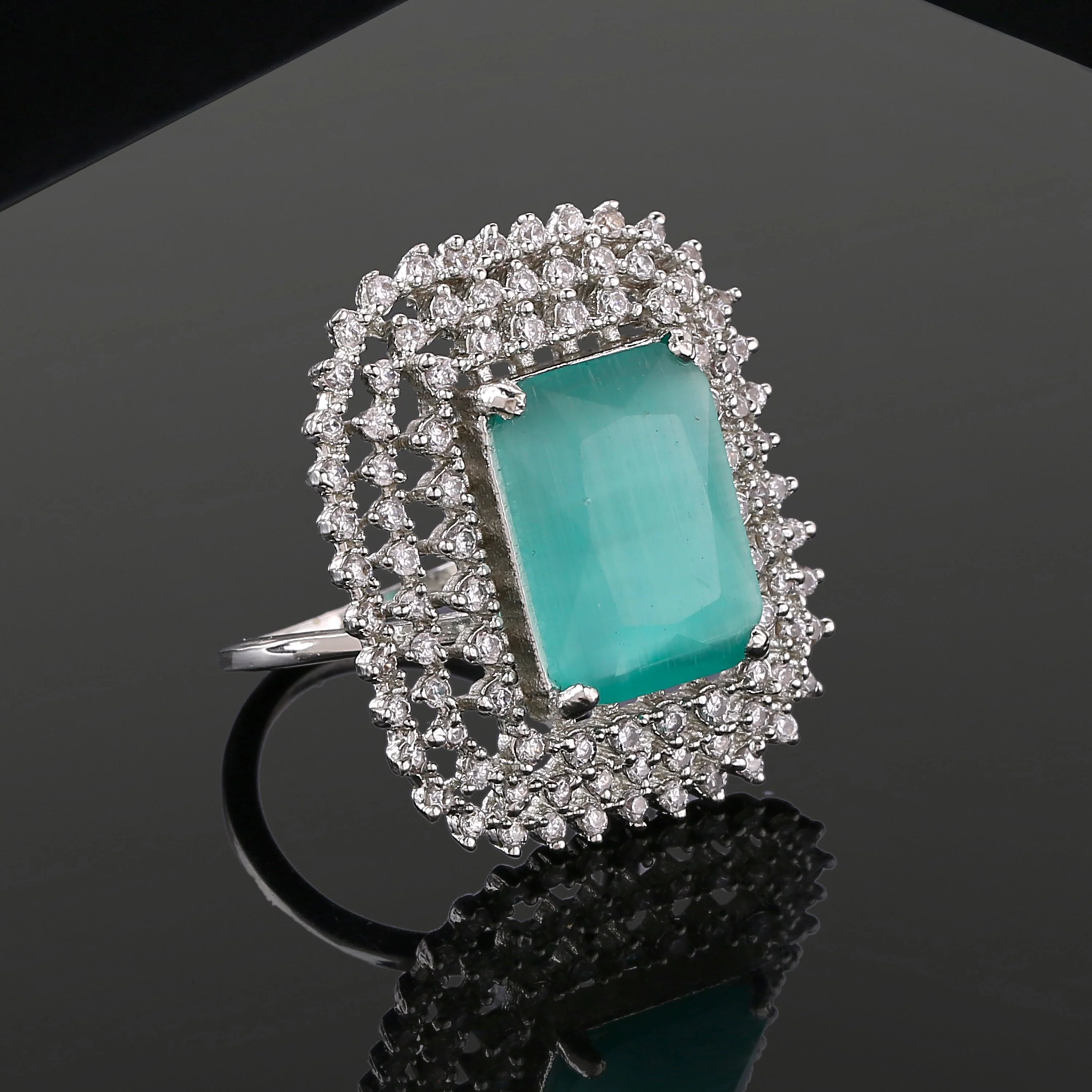 Estele Rhodium Plated Cz Sparkling Finger Ring With Mint Green Stone For Women(Adjustable) - Image 3