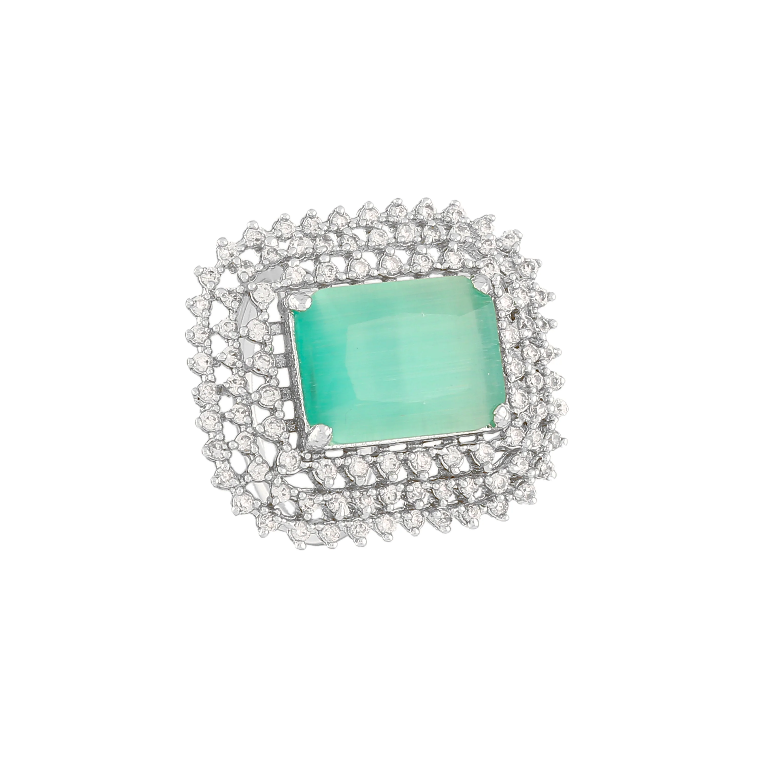 Estele Rhodium Plated Cz Sparkling Finger Ring With Mint Green Stone For Women(Adjustable) - Image 7