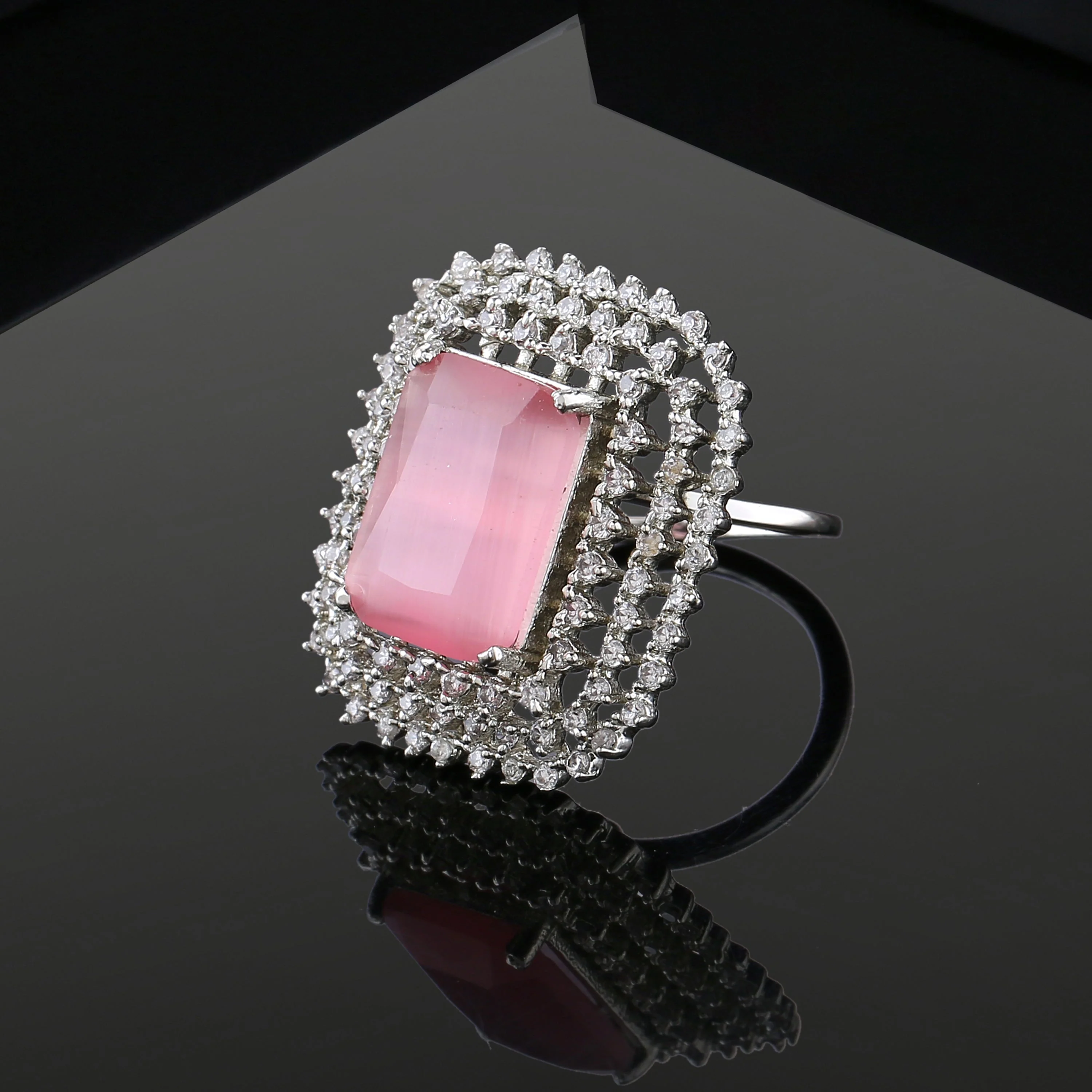 Estele Rhodium Plated Cz Sparkling Finger Ring With Mint Pink Stone For Women(Adjustable) - Image 3