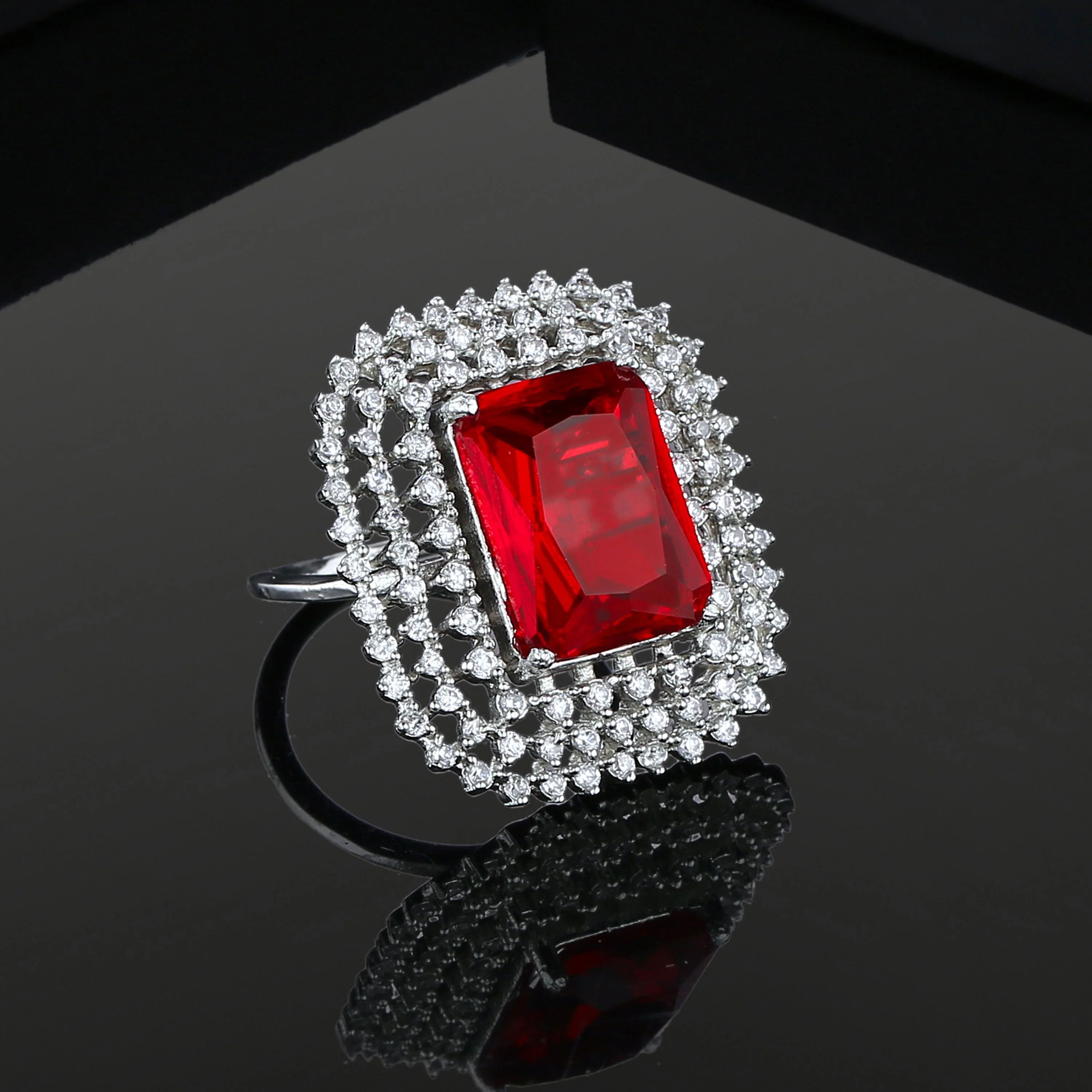 Estele Rhodium Plated Cz Sparkling Finger Ring With Ruby Stone For Women(Adjustable) - Image 2